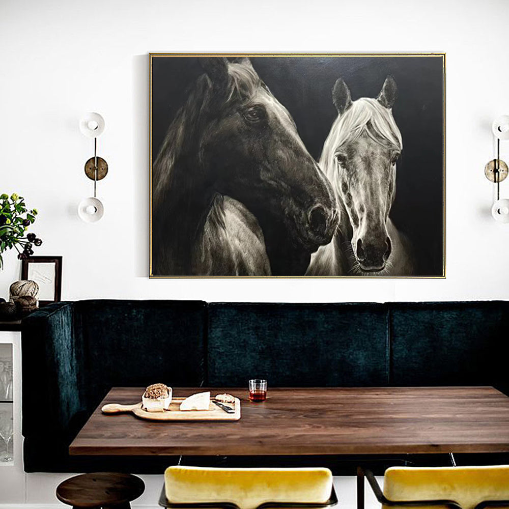 Black‑White Horizontal Dual‑Horse Textured‑Brush Artwork