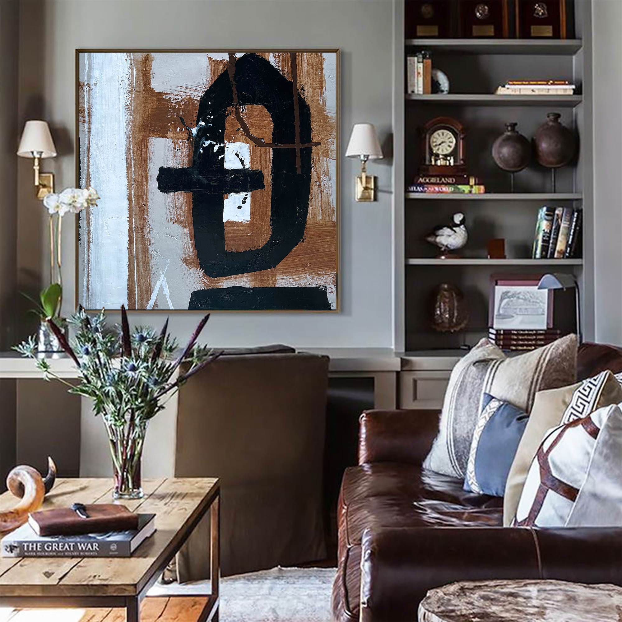 Earth‑Tone Abstract Gestural Art Framed Linen Canvas Wall Decoration