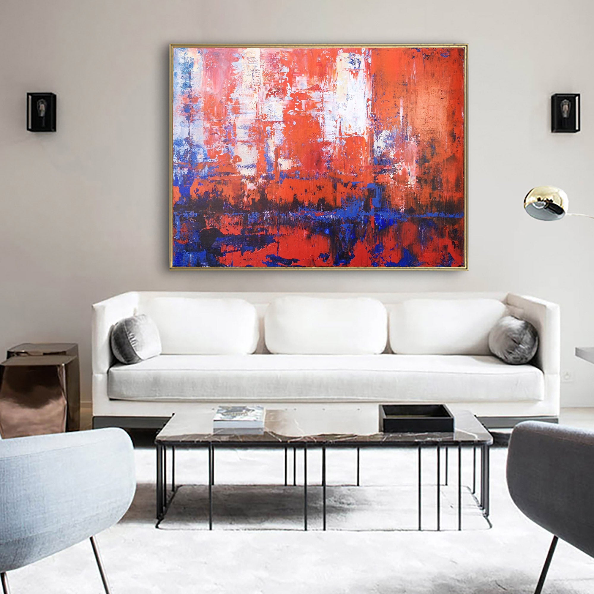 Red‑Orange‑Blue Horizontal Abstract Expressive Impasto‑Textured Artwork