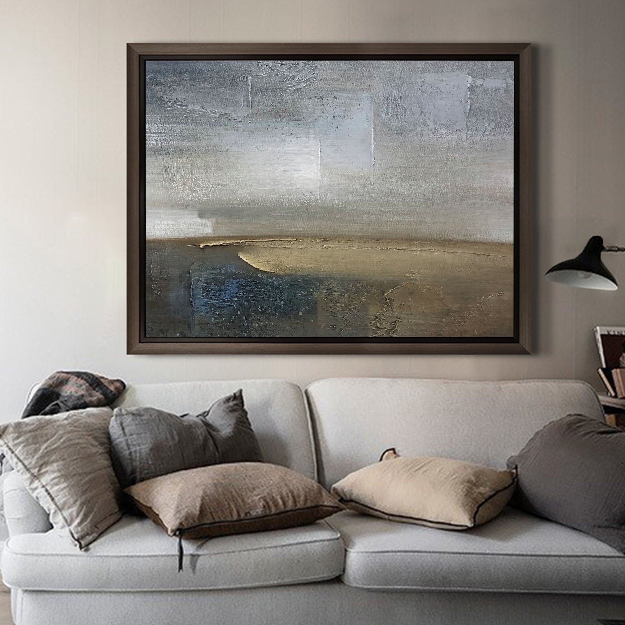 Blue‑Olive Horizontal Abstract‑Coastal Heavy‑Textured Artwork