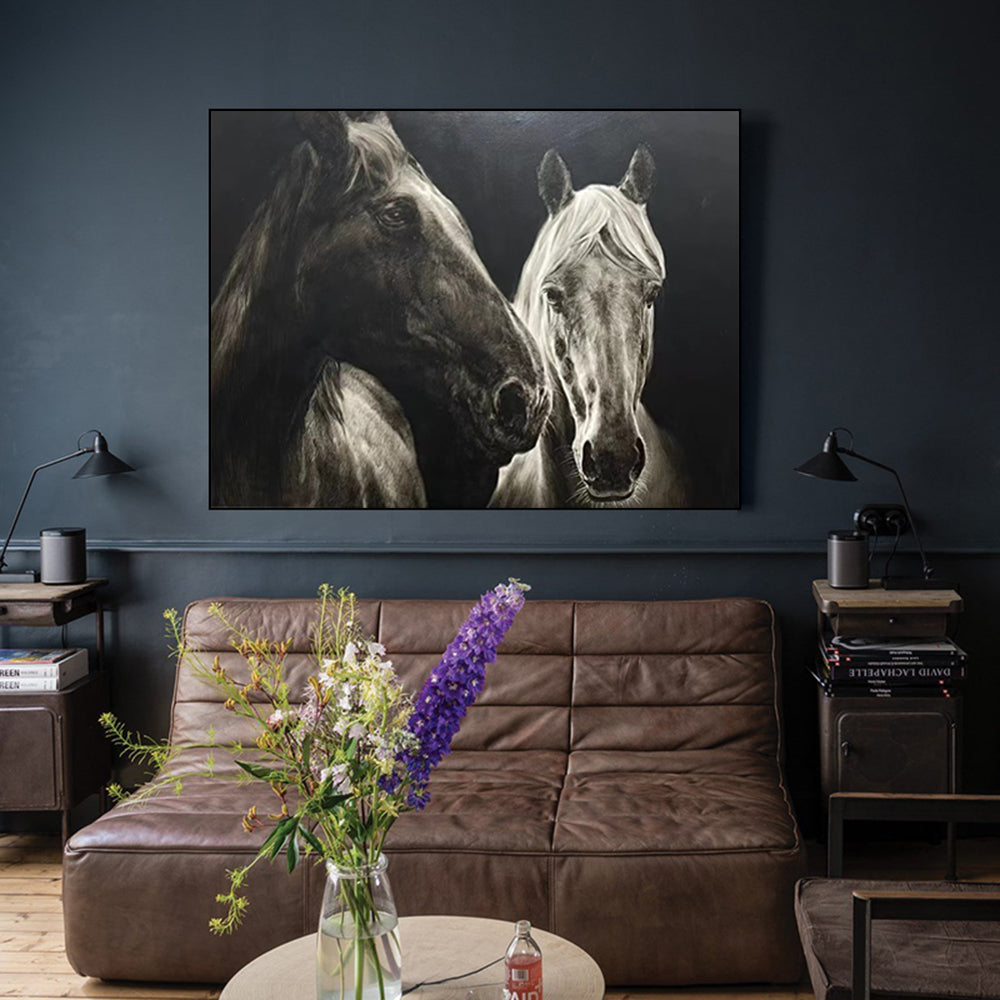 Black‑White Horizontal Dual‑Horse Textured‑Brush Artwork