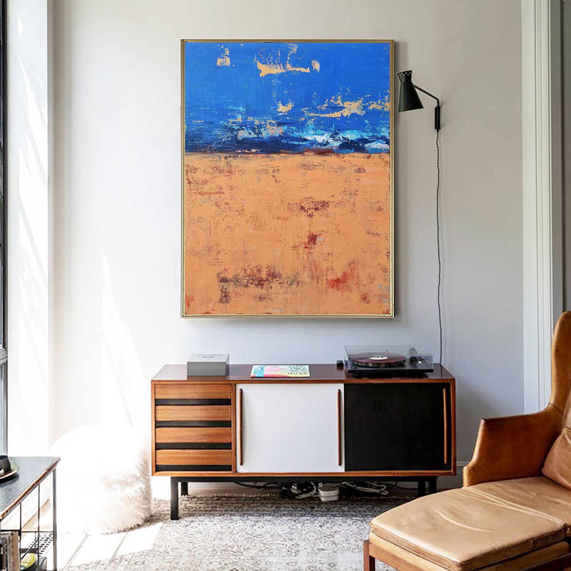 Blue‑Orange‑Gold Vertical Abstract Horizon Impasto‑Textured Artwork