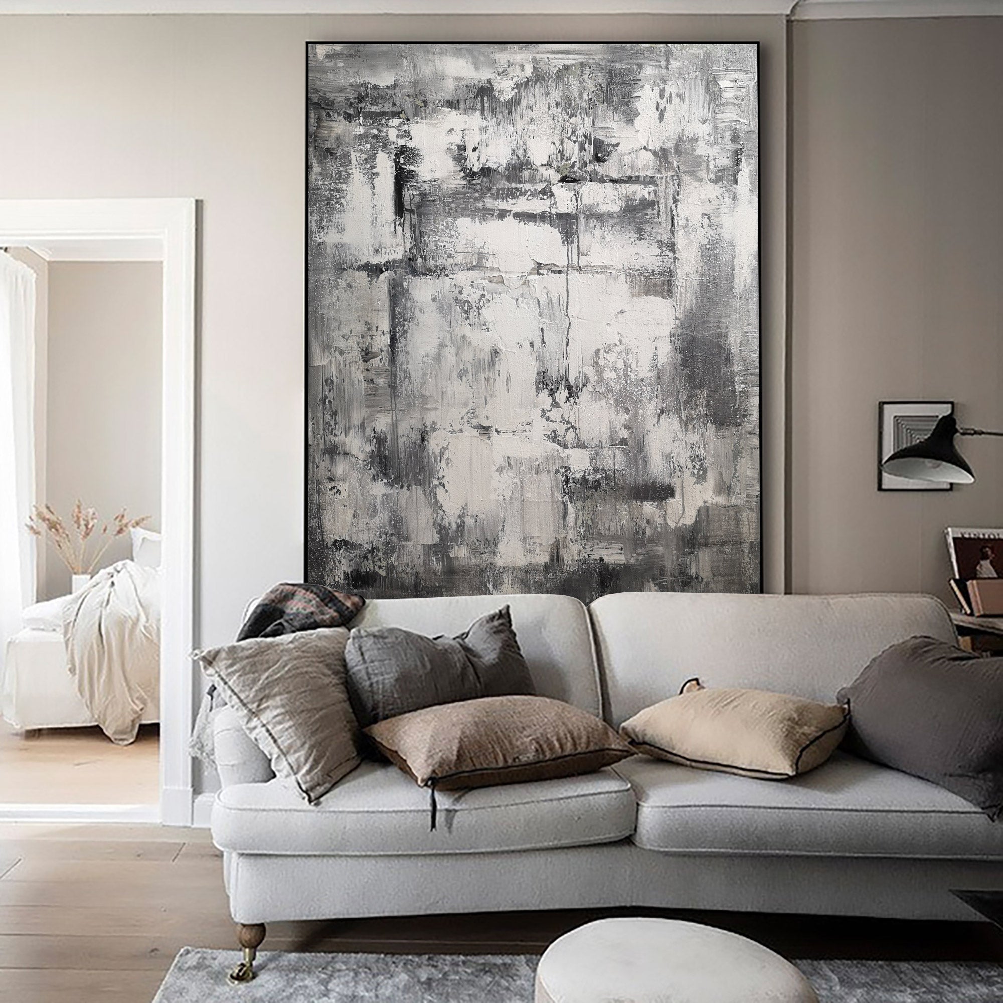 Black‑White‑Grey Vertical Abstract Rugged Impasto‑Textured Artwork