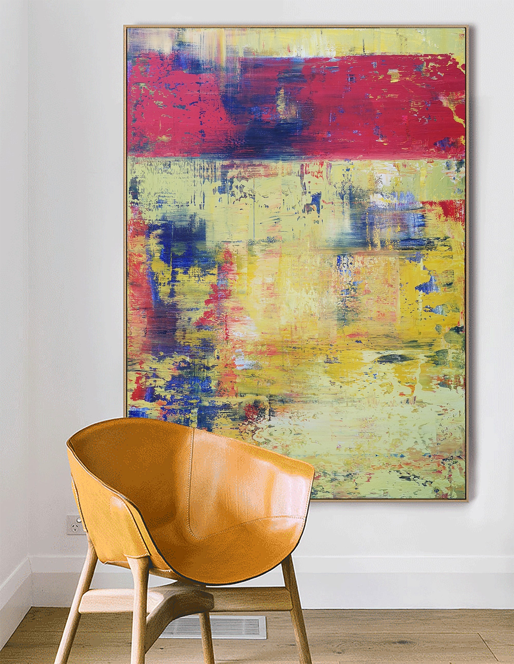 Red‑Yellow‑Blue Vertical Abstract Vibrant Layered Impasto‑Textured Artwork