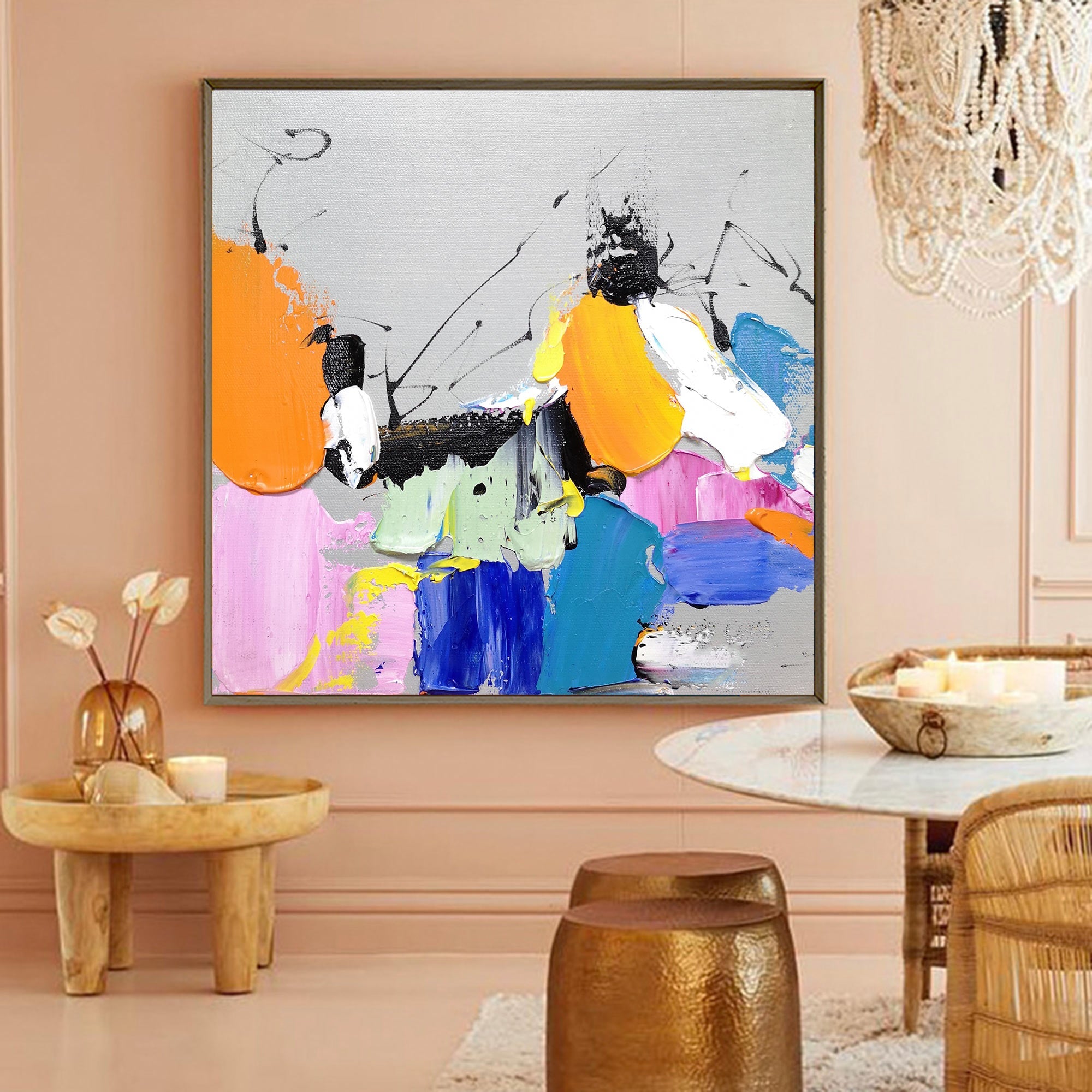 Multi‑Vivid‑Hue Square Bold‑Splash Impasto Textured Artwork