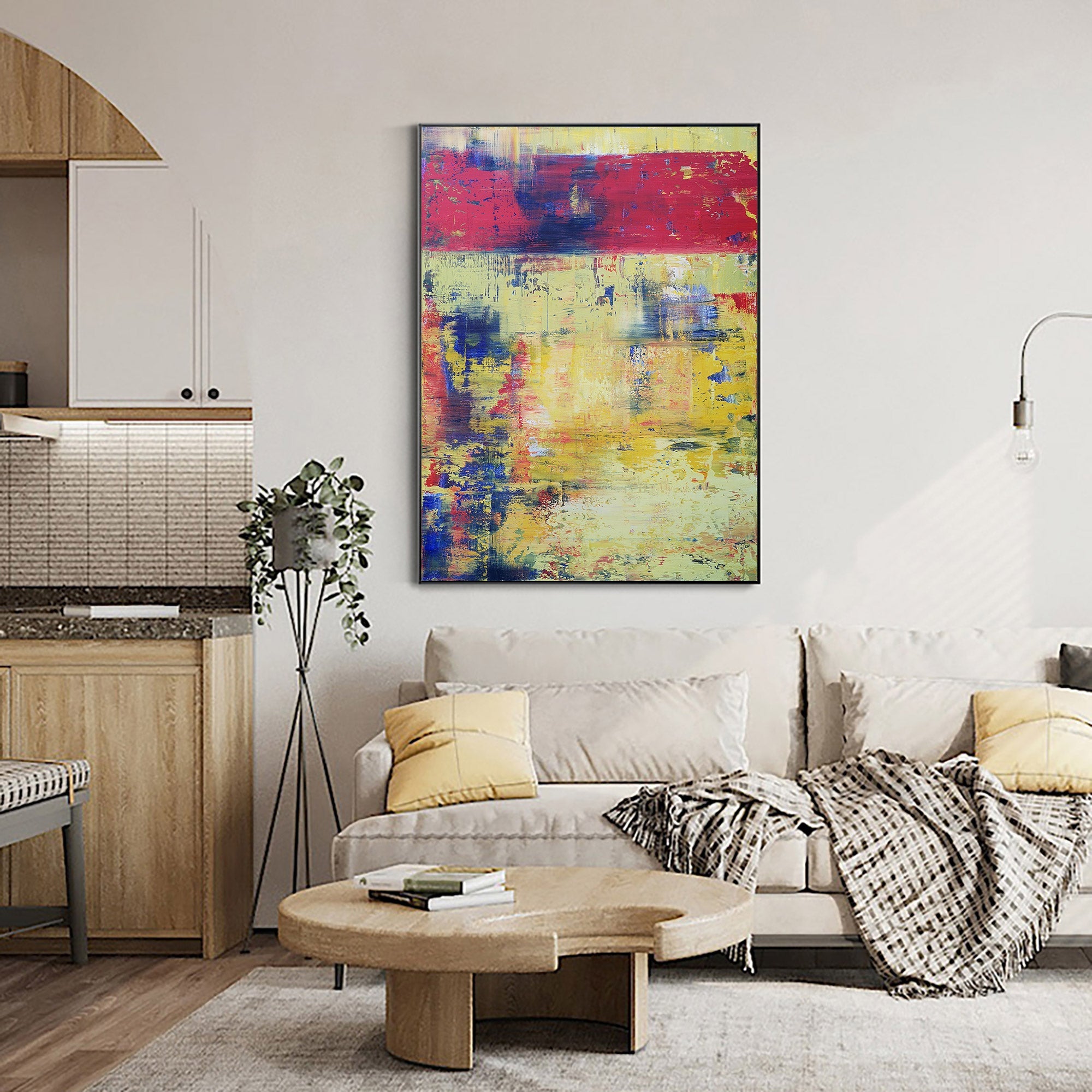 Red‑Yellow‑Blue Vertical Abstract Vibrant Layered Impasto‑Textured Artwork