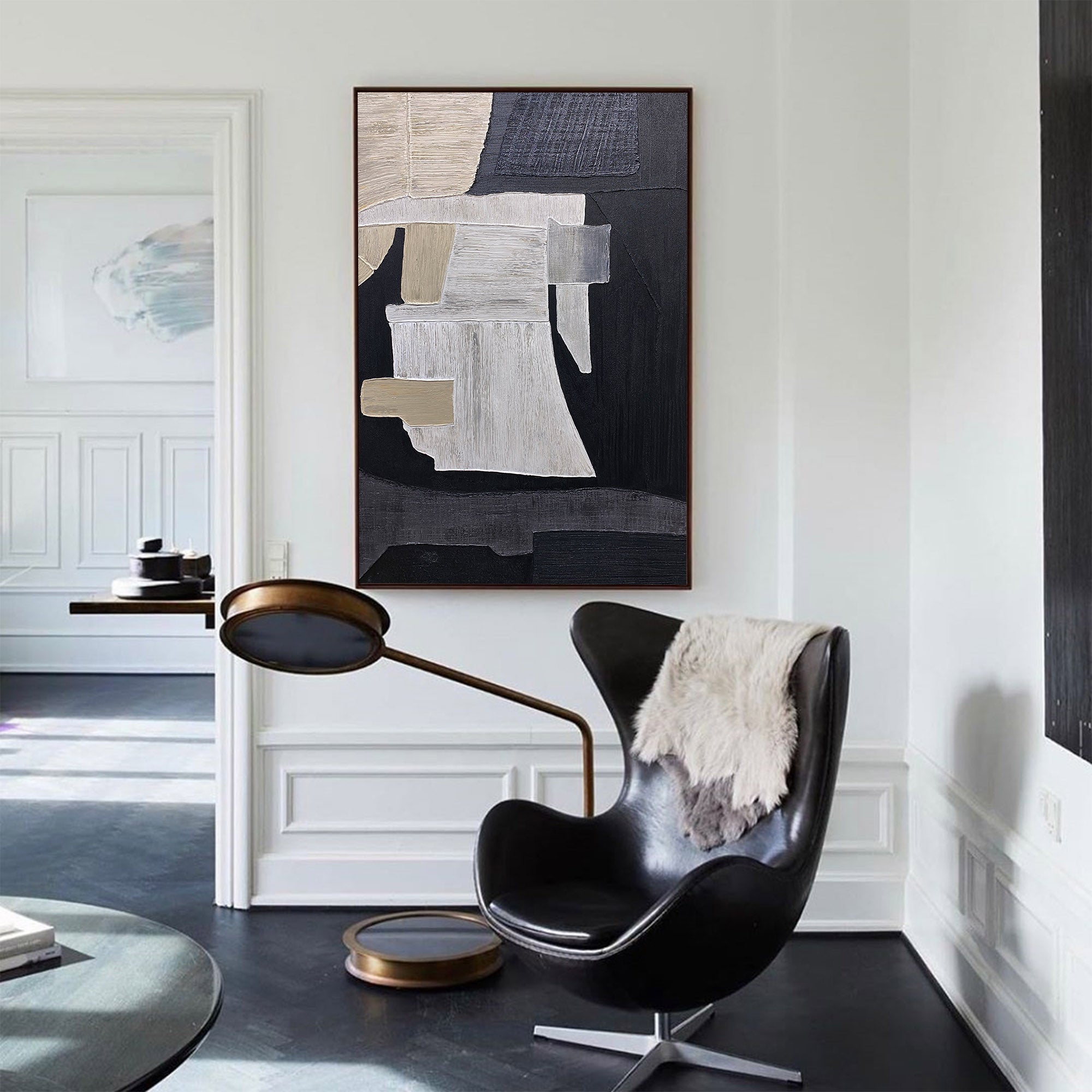 Black‑Beige‑Cream Vertical Patch‑Collage Impasto‑Textured Artwork