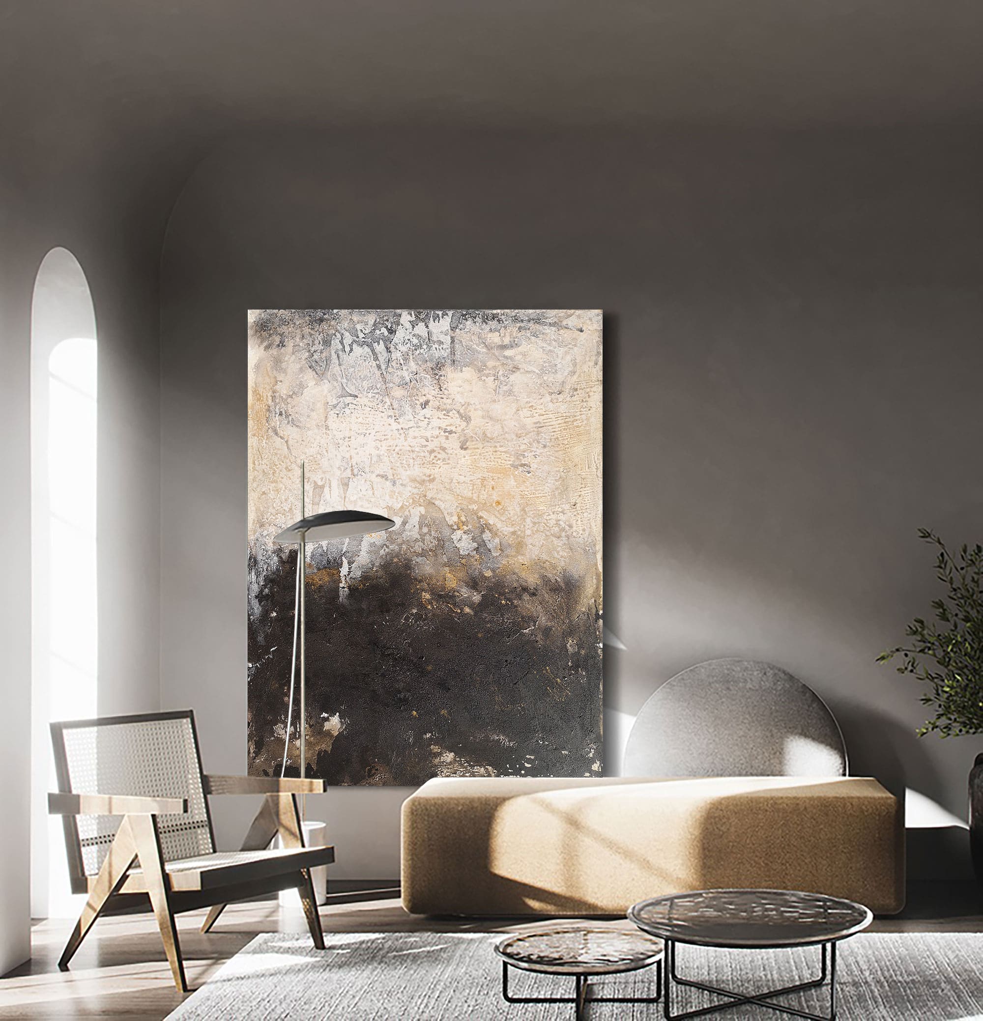 Beige‑Black Vertical Two‑Tone Earth‑Impasto Textured Artwork