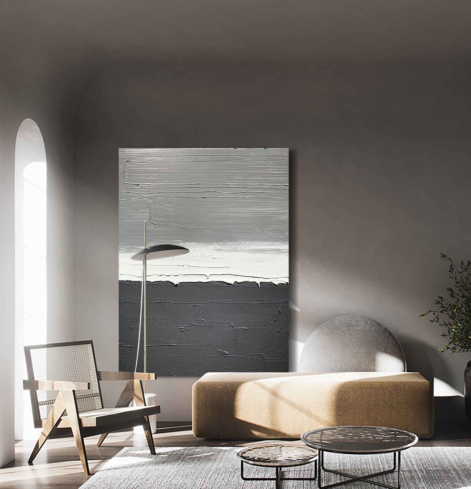 Monochrome Gray Black Horizon Abstract Oil Acrylic Linen Canvas Painting