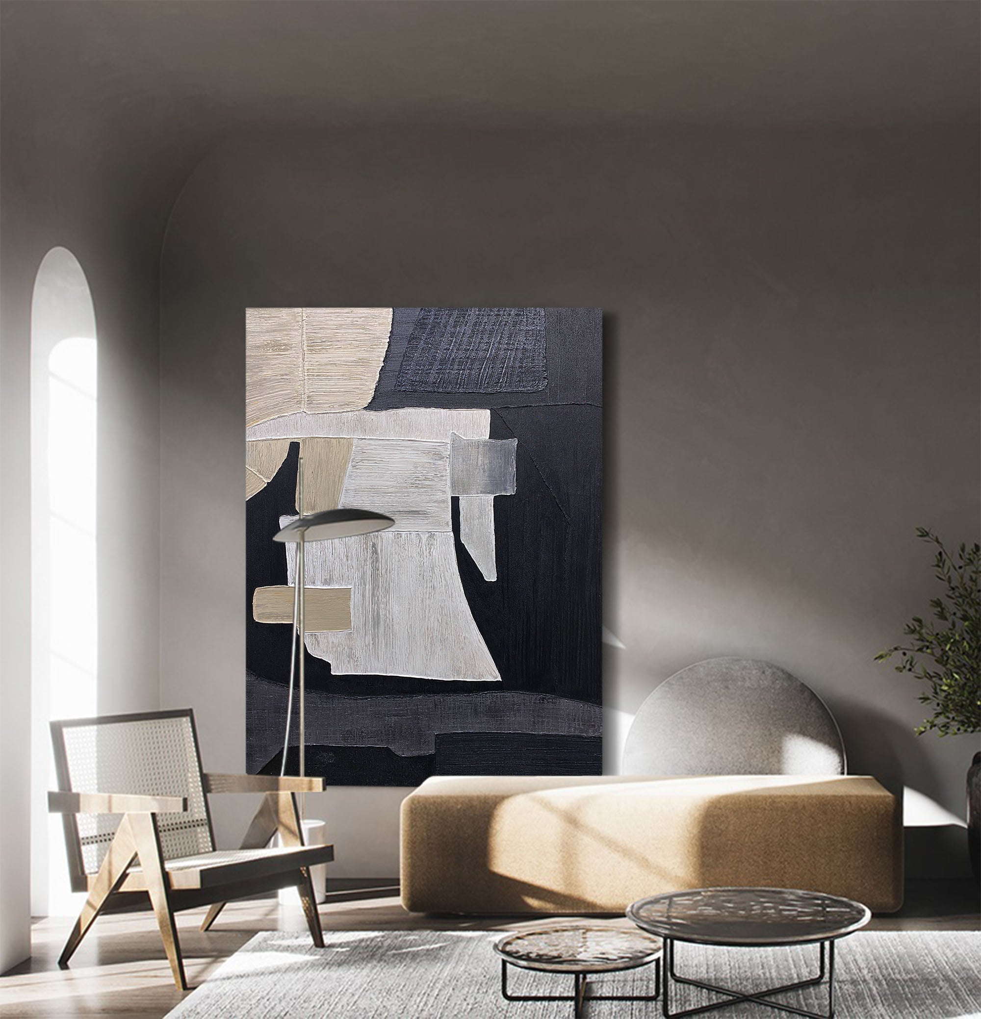 Black‑Beige‑Cream Vertical Patch‑Collage Impasto‑Textured Artwork
