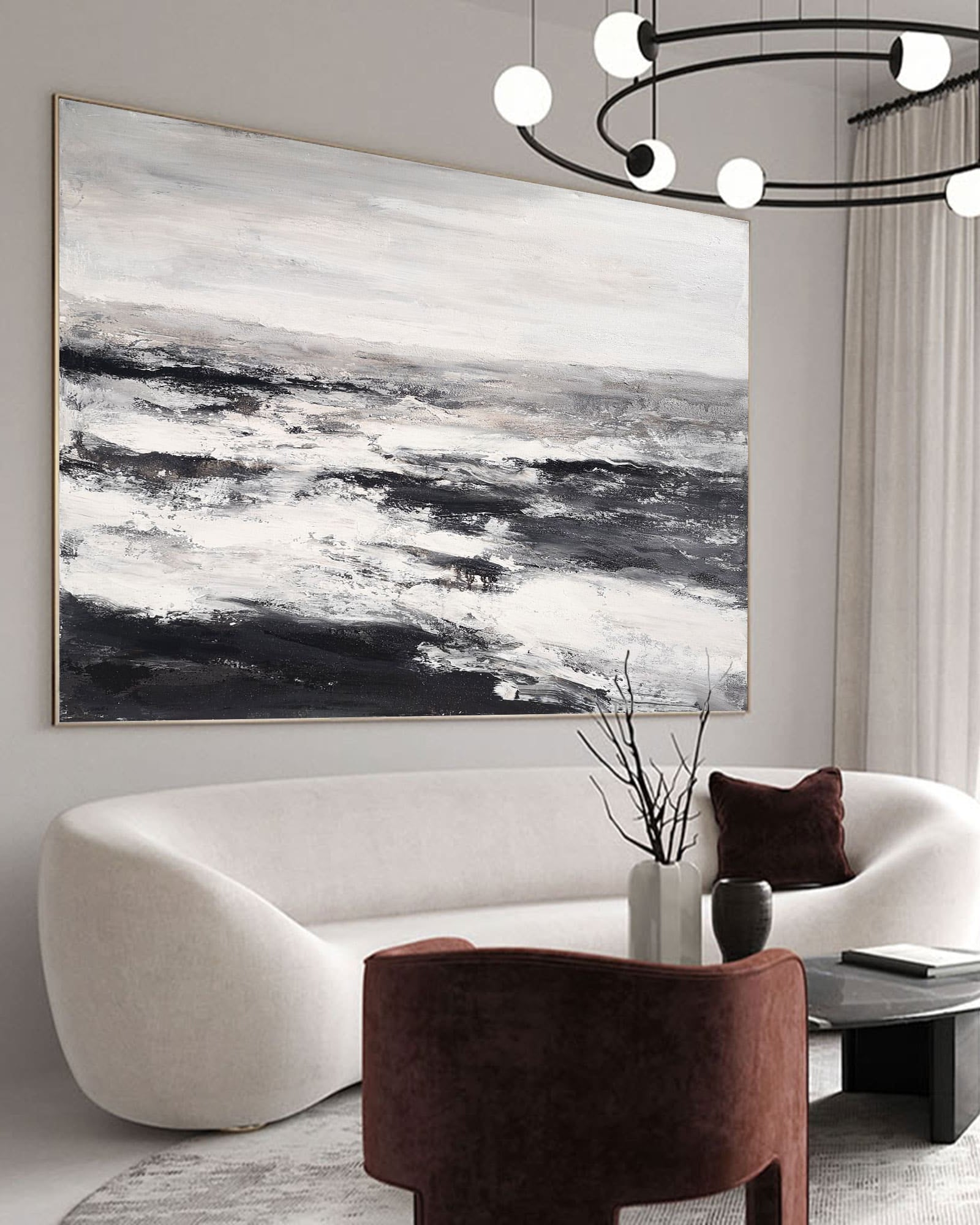 Monochrome Ocean Abstract  Thick Impasto Wave Textured Artwork