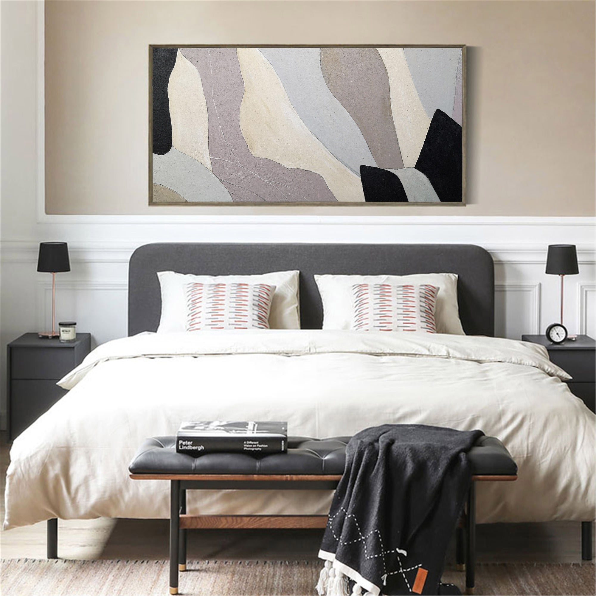Beige‑Grey‑Black Horizontal Geometric Layered Block‑Shape Matte‑Surface Artwork