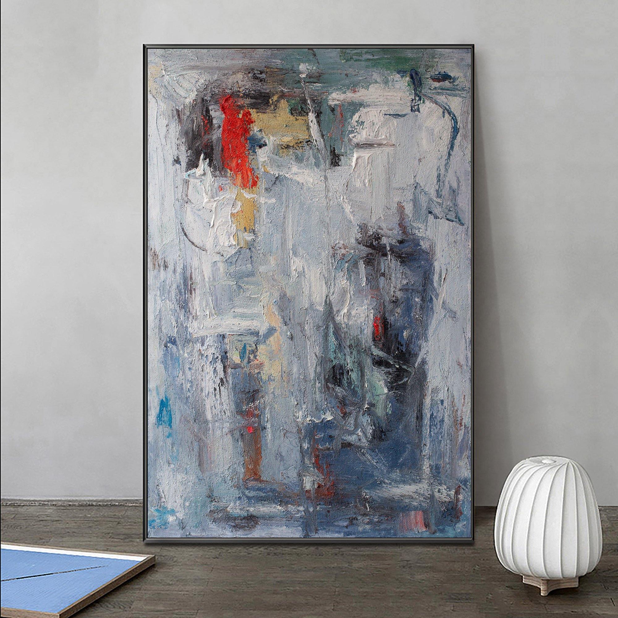 Grey‑Blue Vertical Red‑Accent Expressive Impasto Textured Artwork