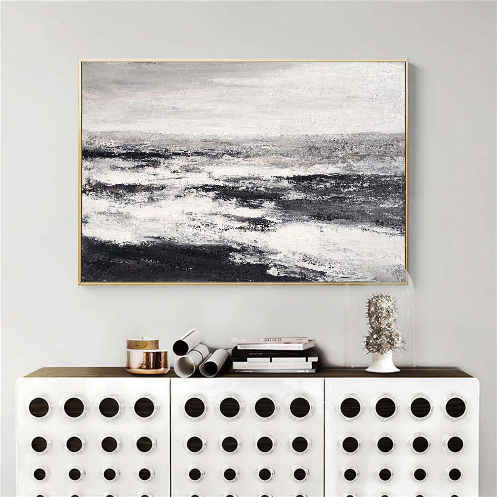 Monochrome Ocean Abstract  Thick Impasto Wave Textured Artwork
