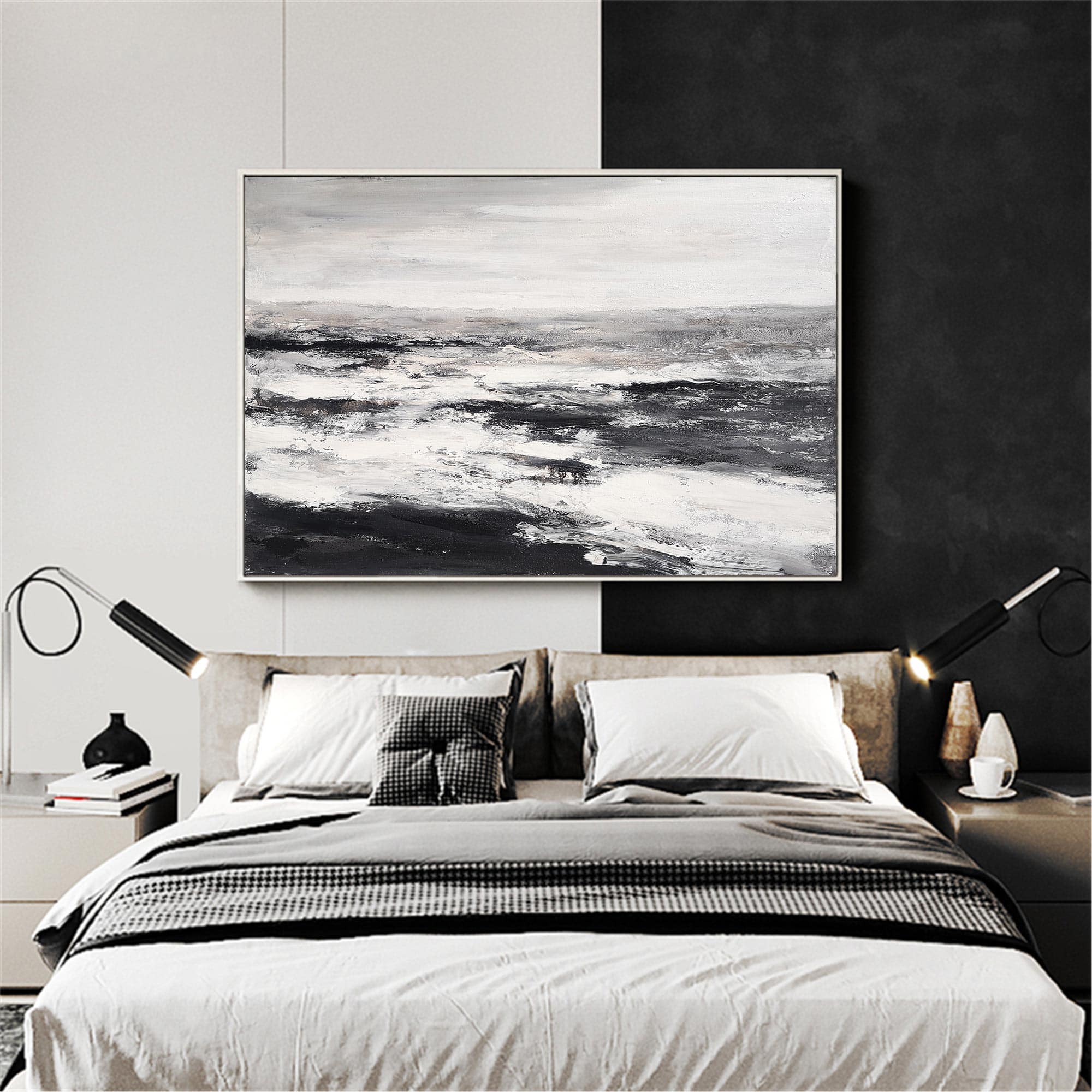 Monochrome Ocean Abstract  Thick Impasto Wave Textured Artwork