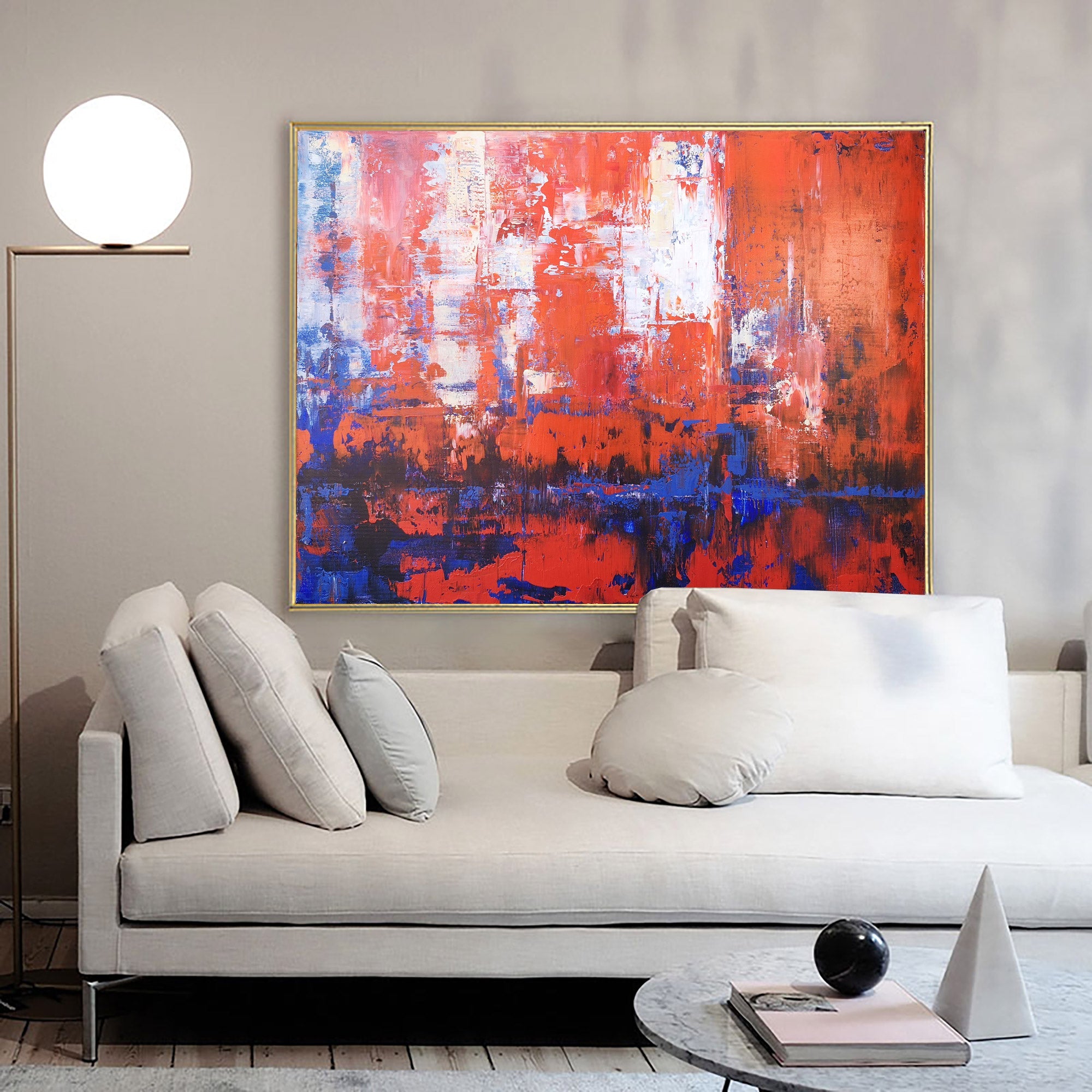 Red‑Orange‑Blue Horizontal Abstract Expressive Impasto‑Textured Artwork