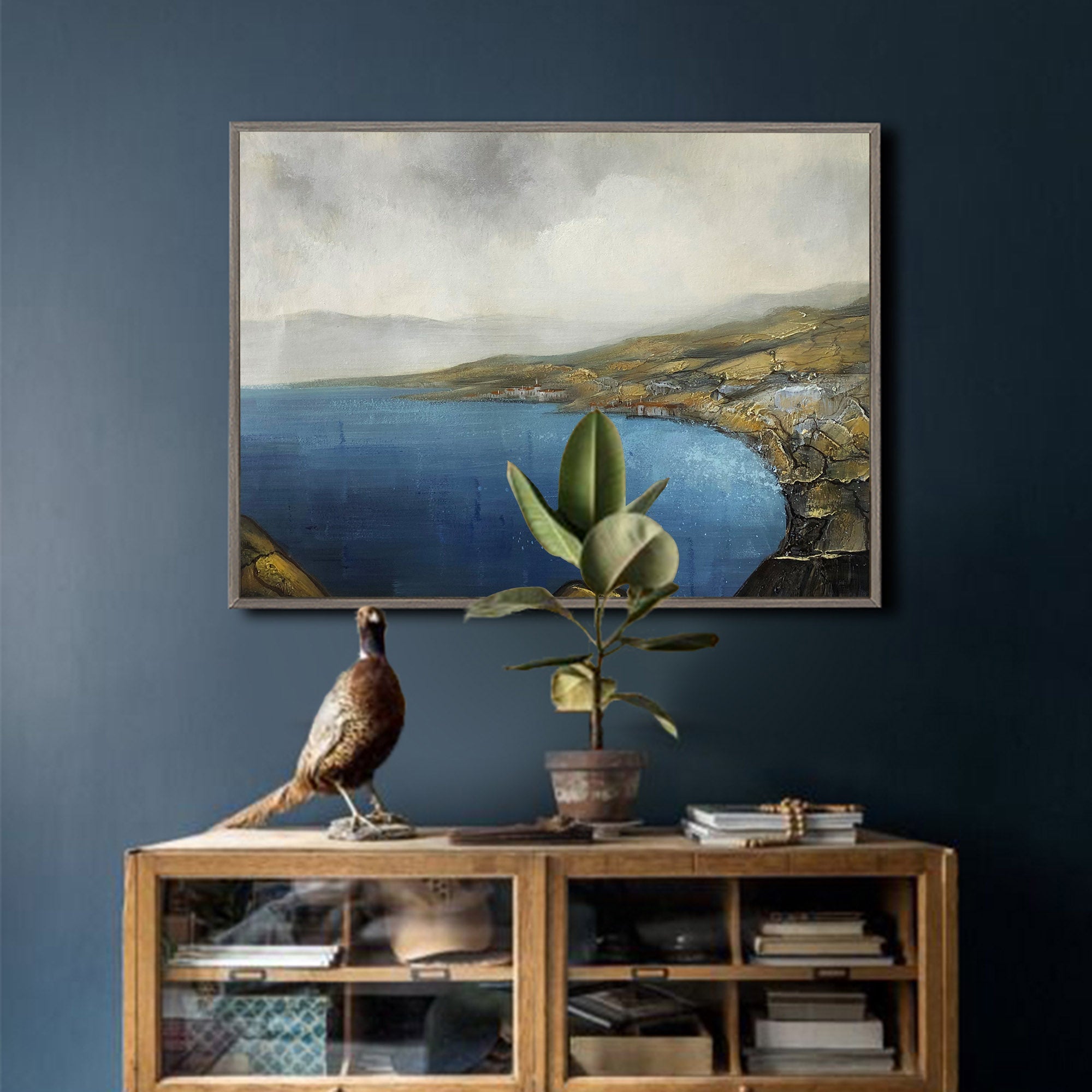 Vintage Seascape Landscape Abstract Unstretched Linen Canvas Wall Art