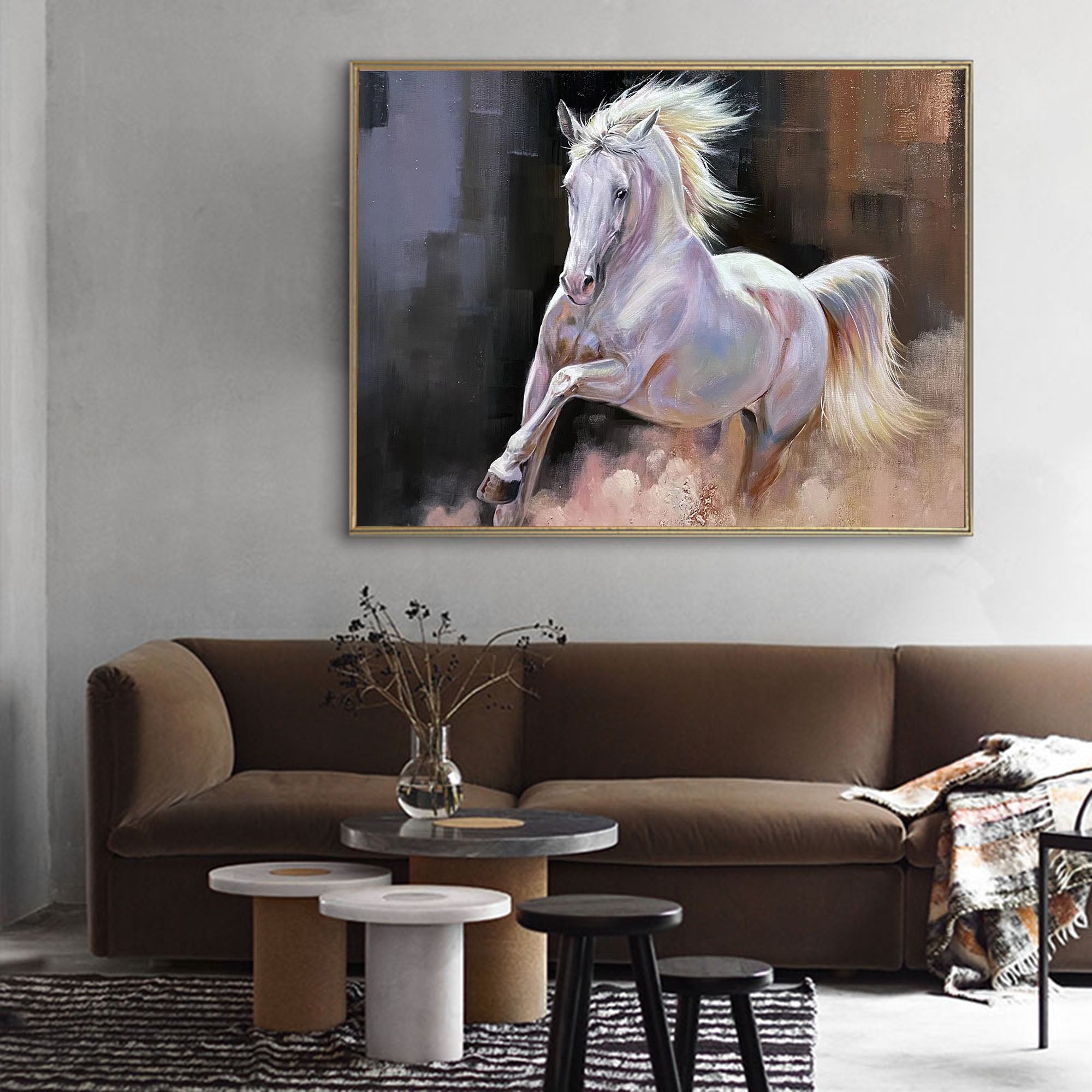Textured Galloping Equine Animal Unstretched Linen Canvas Wall Art