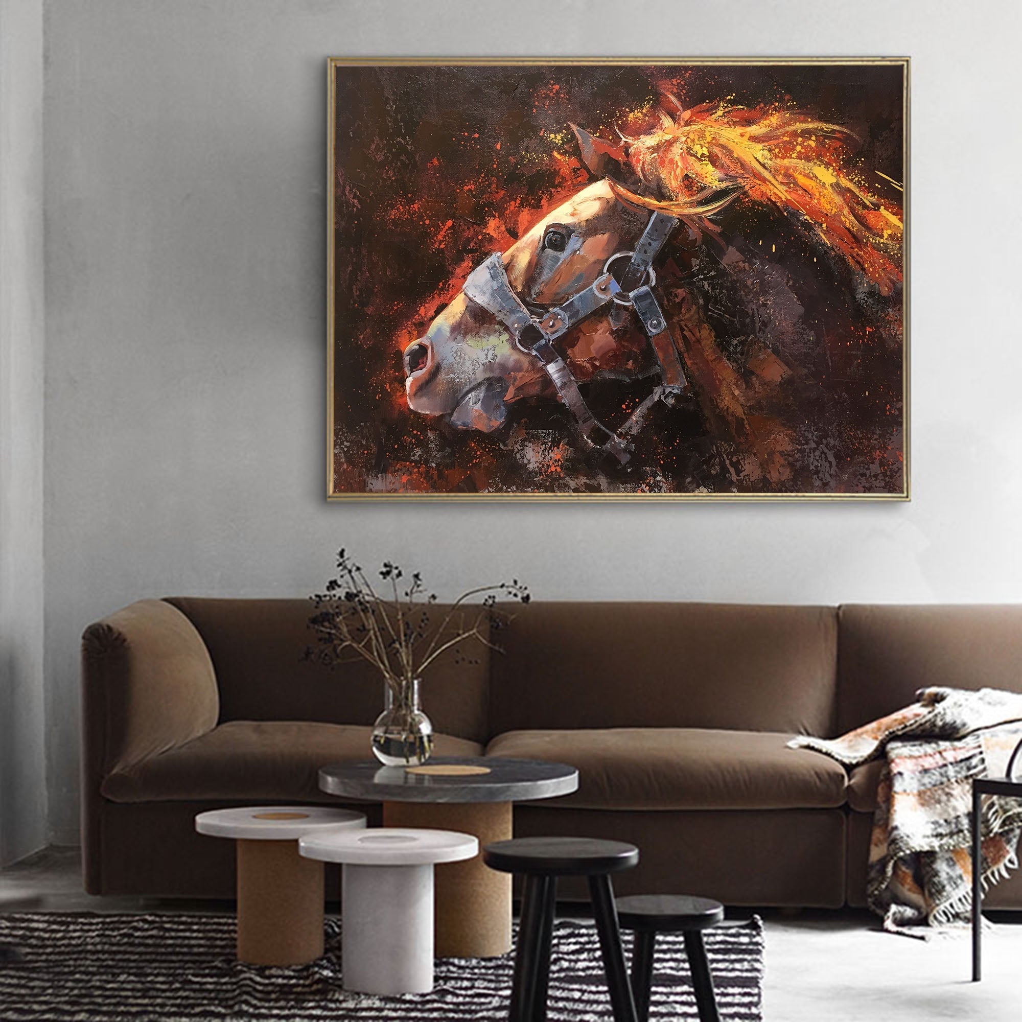 Fiery‑Toned Horse Head Portrait Unstretched Linen Canvas Wall Art