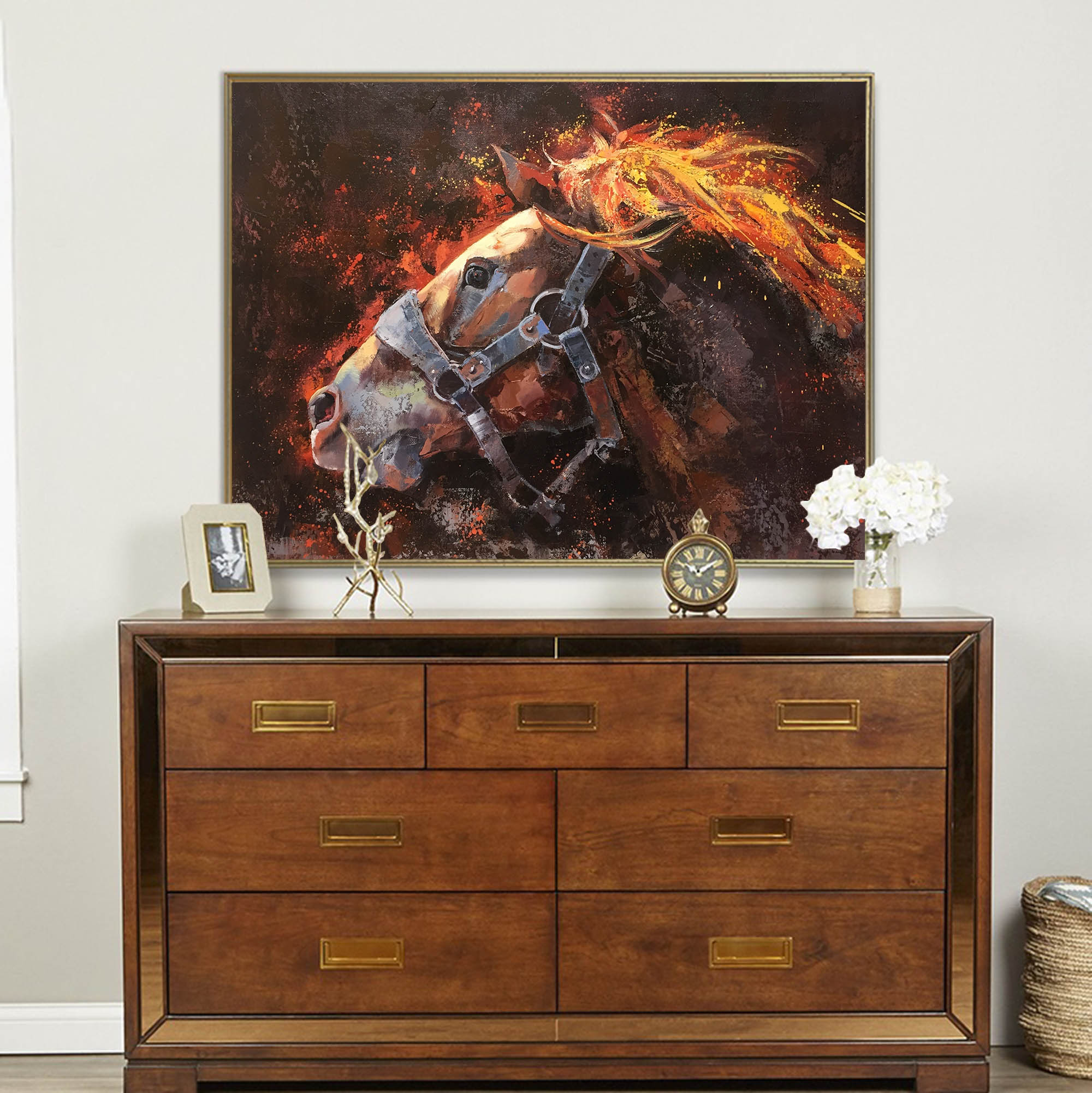 Fiery‑Toned Horse Head Portrait Unstretched Linen Canvas Wall Art