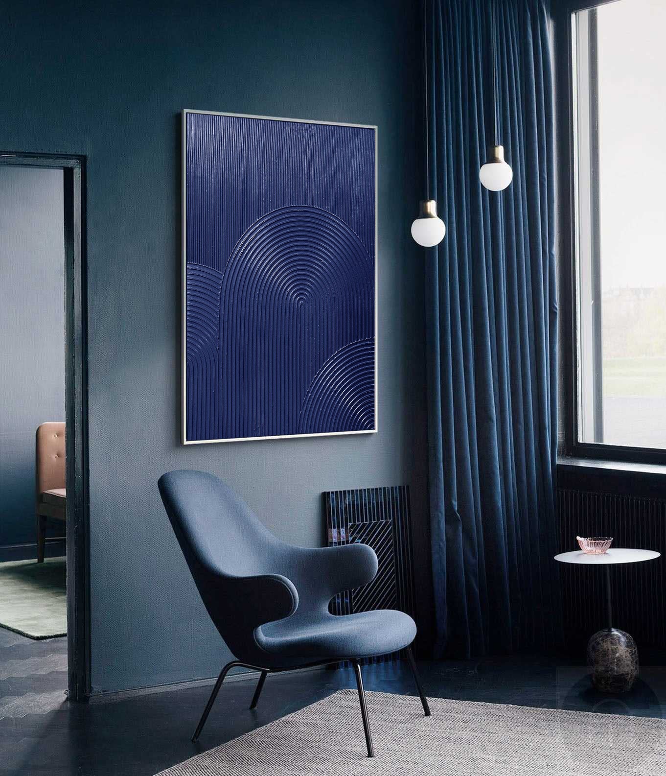 Wall Art Navy Blue Arched Lines Geometric Minimalist Texture Living Room | Neutralighting