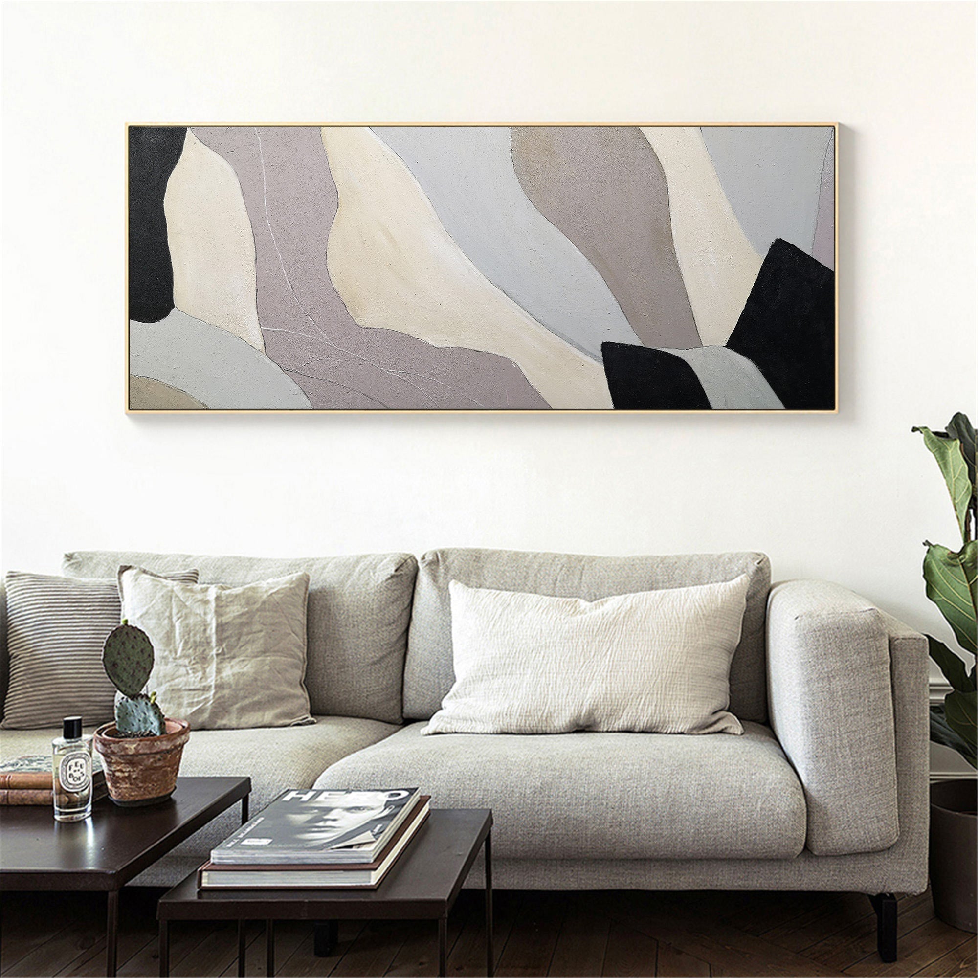 Beige‑Grey‑Black Horizontal Geometric Layered Block‑Shape Matte‑Surface Artwork