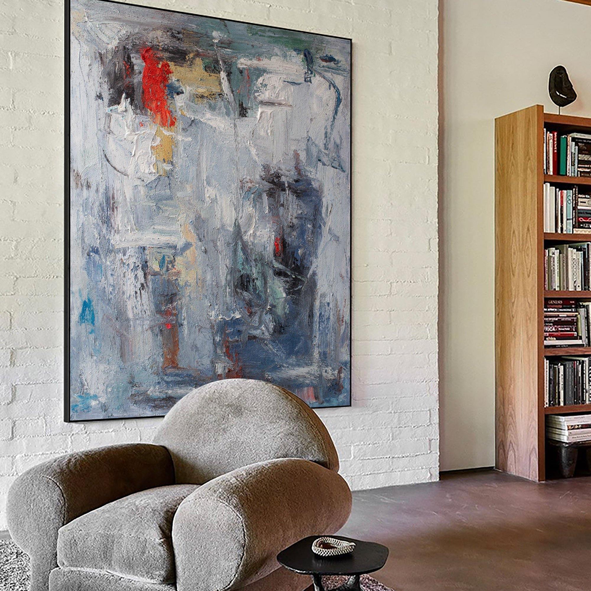 Grey‑Blue Vertical Red‑Accent Expressive Impasto Textured Artwork