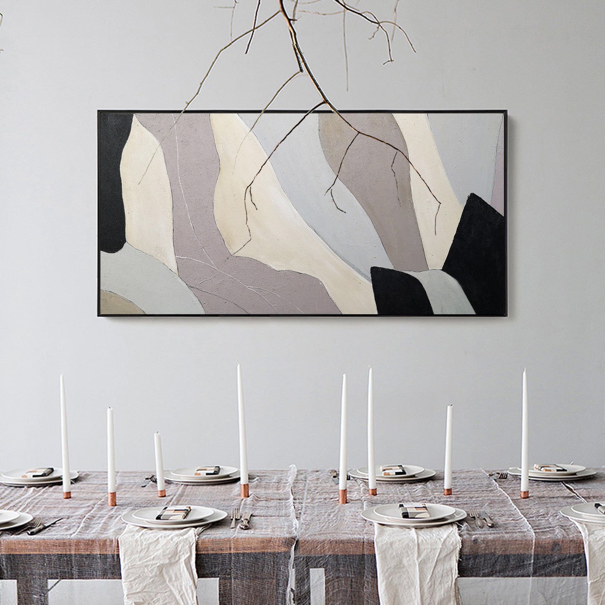 Beige‑Grey‑Black Horizontal Geometric Layered Block‑Shape Matte‑Surface Artwork