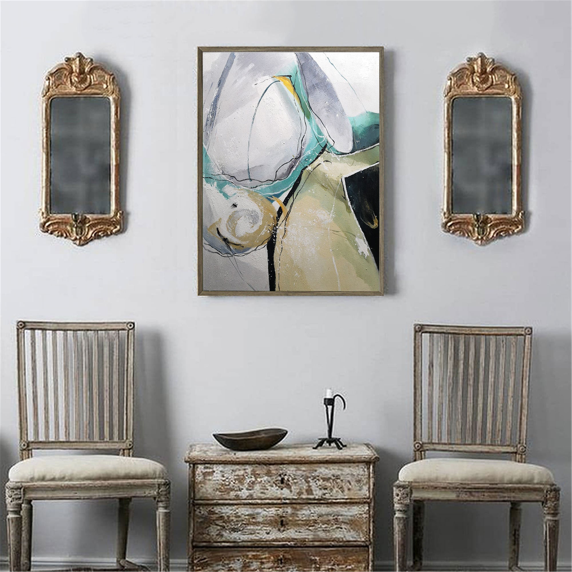 Green‑Grey‑Beige Geometric Abstract Sharp‑Shape Muted‑Tone Artwork
