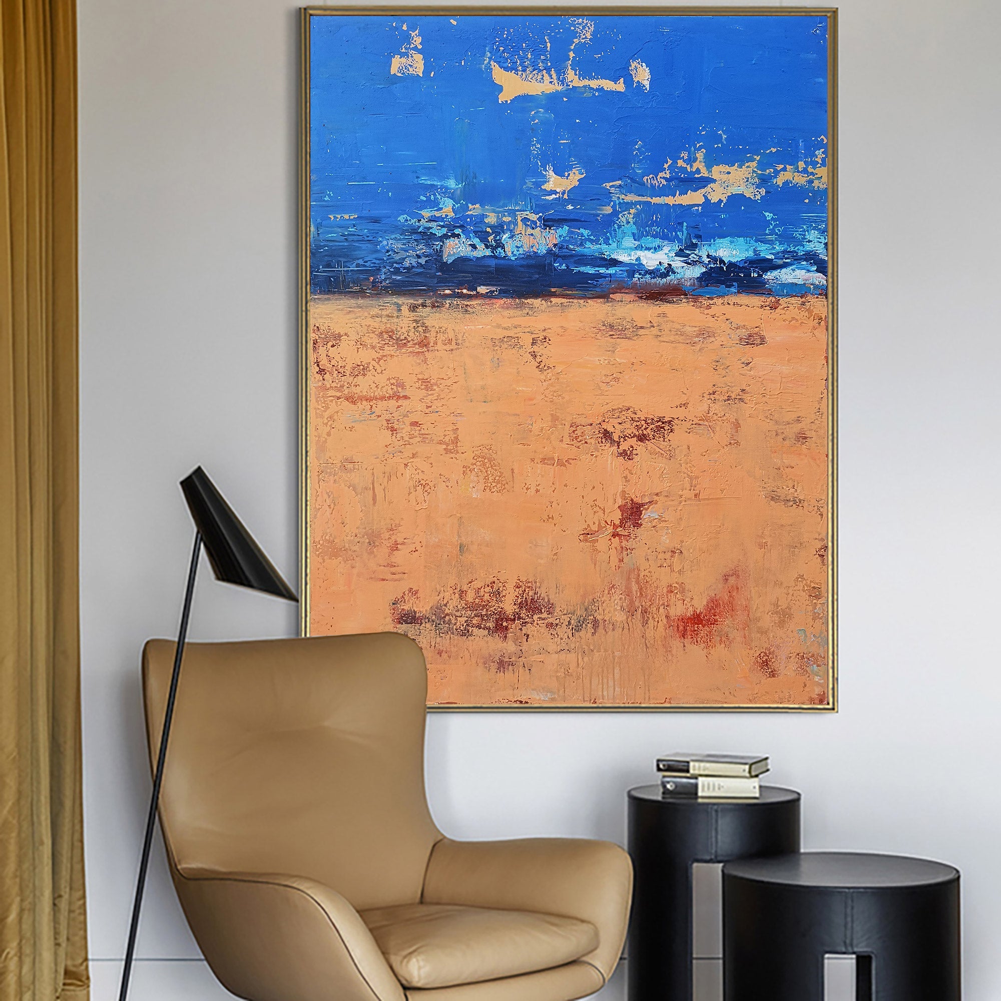 Blue‑Orange‑Gold Vertical Abstract Horizon Impasto‑Textured Artwork