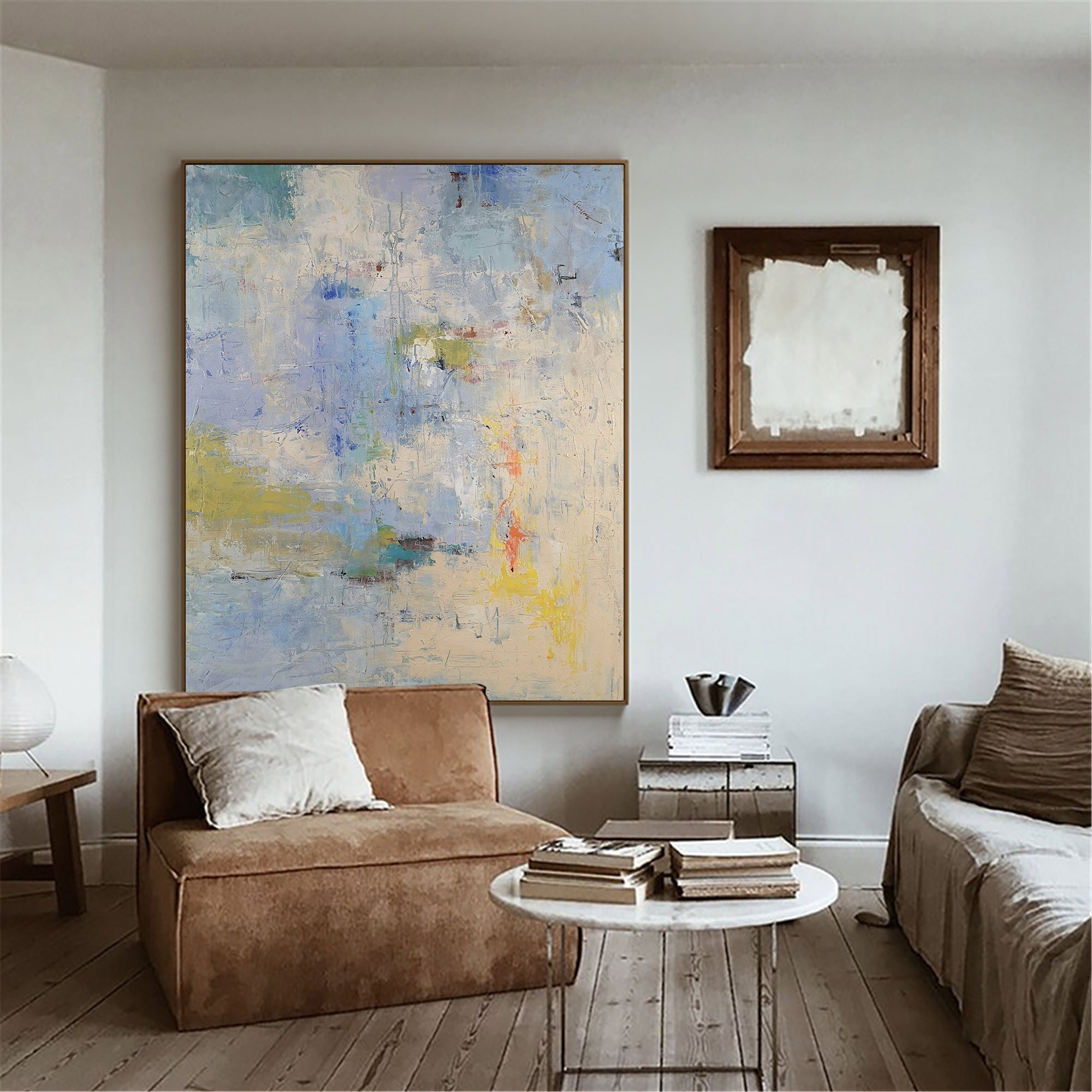Sky‑Blue Cream‑Yellow Square Soft‑Blend Impasto Textured Artwork