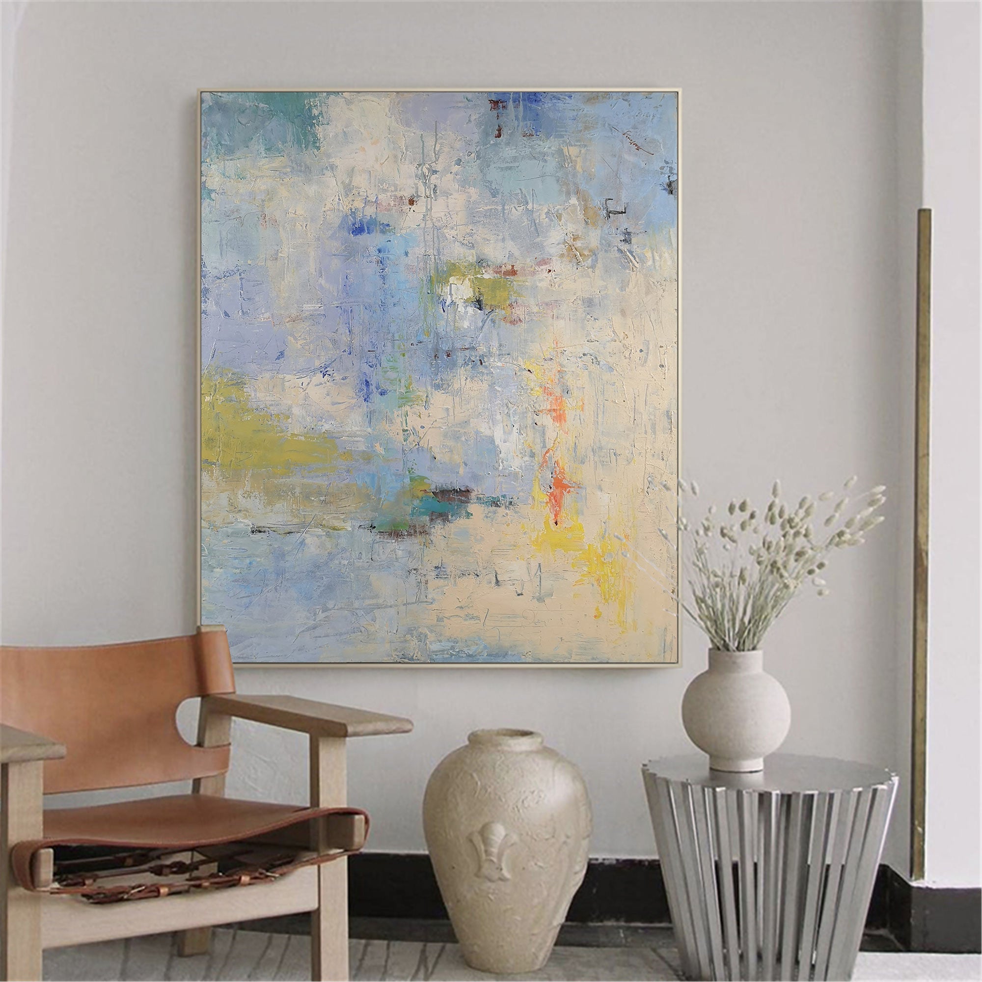 Sky‑Blue Cream‑Yellow Square Soft‑Blend Impasto Textured Artwork