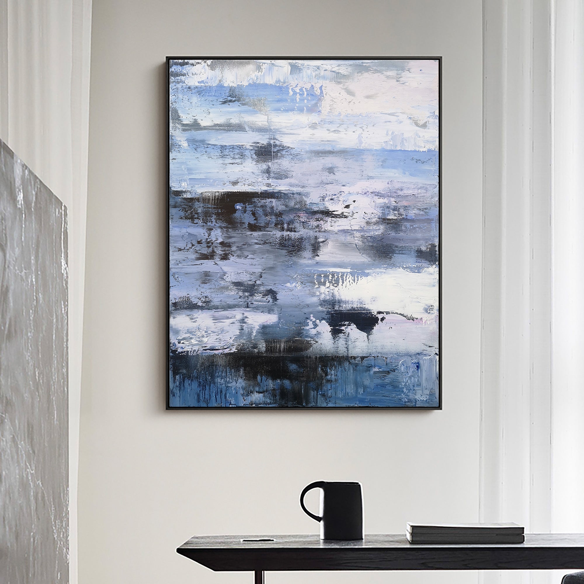 Blue‑Purple‑White Vertical Seascape Blended Impasto‑Textured Artwork