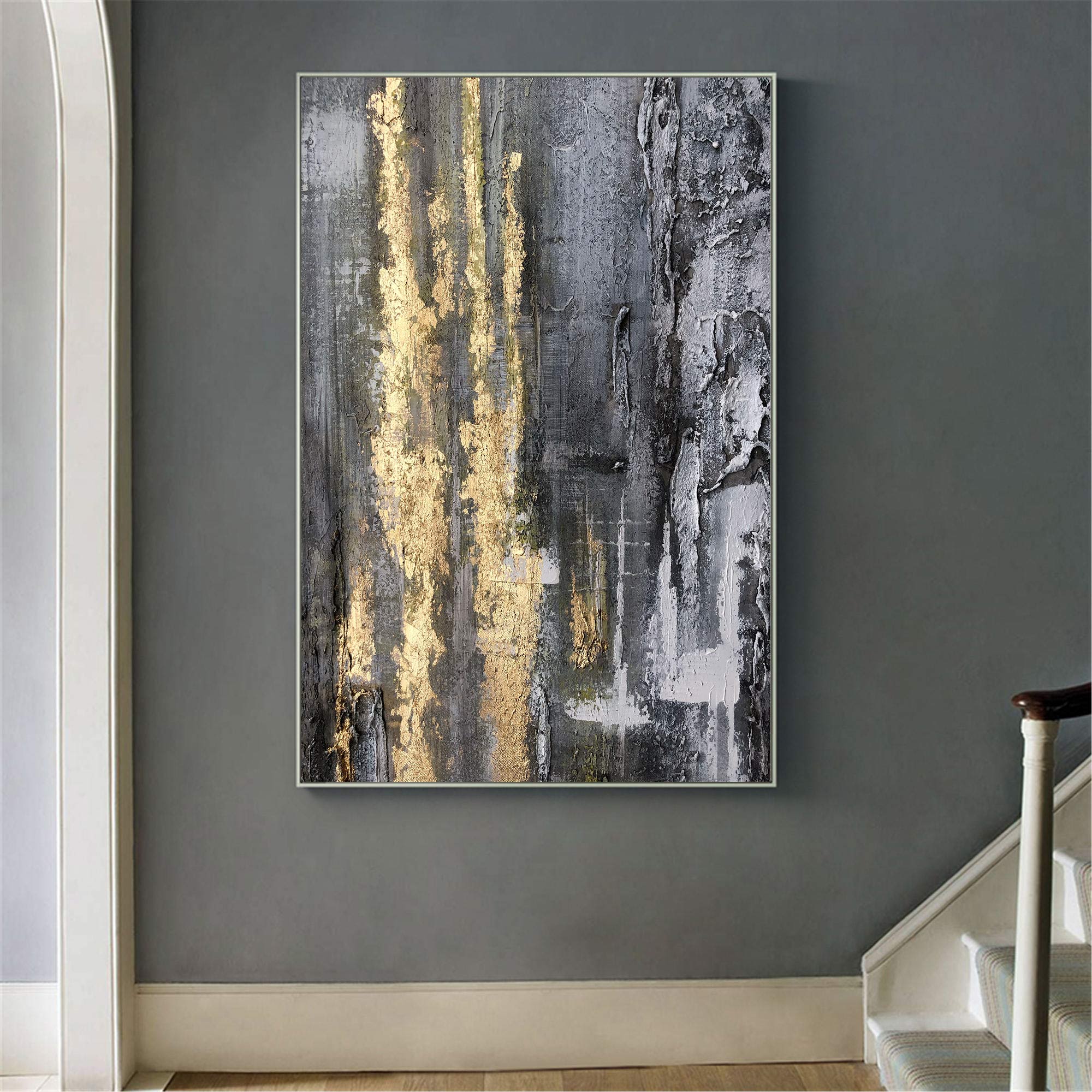 Black‑Grey Vertical Gold‑Foil Impasto Textured Abstract Artwork