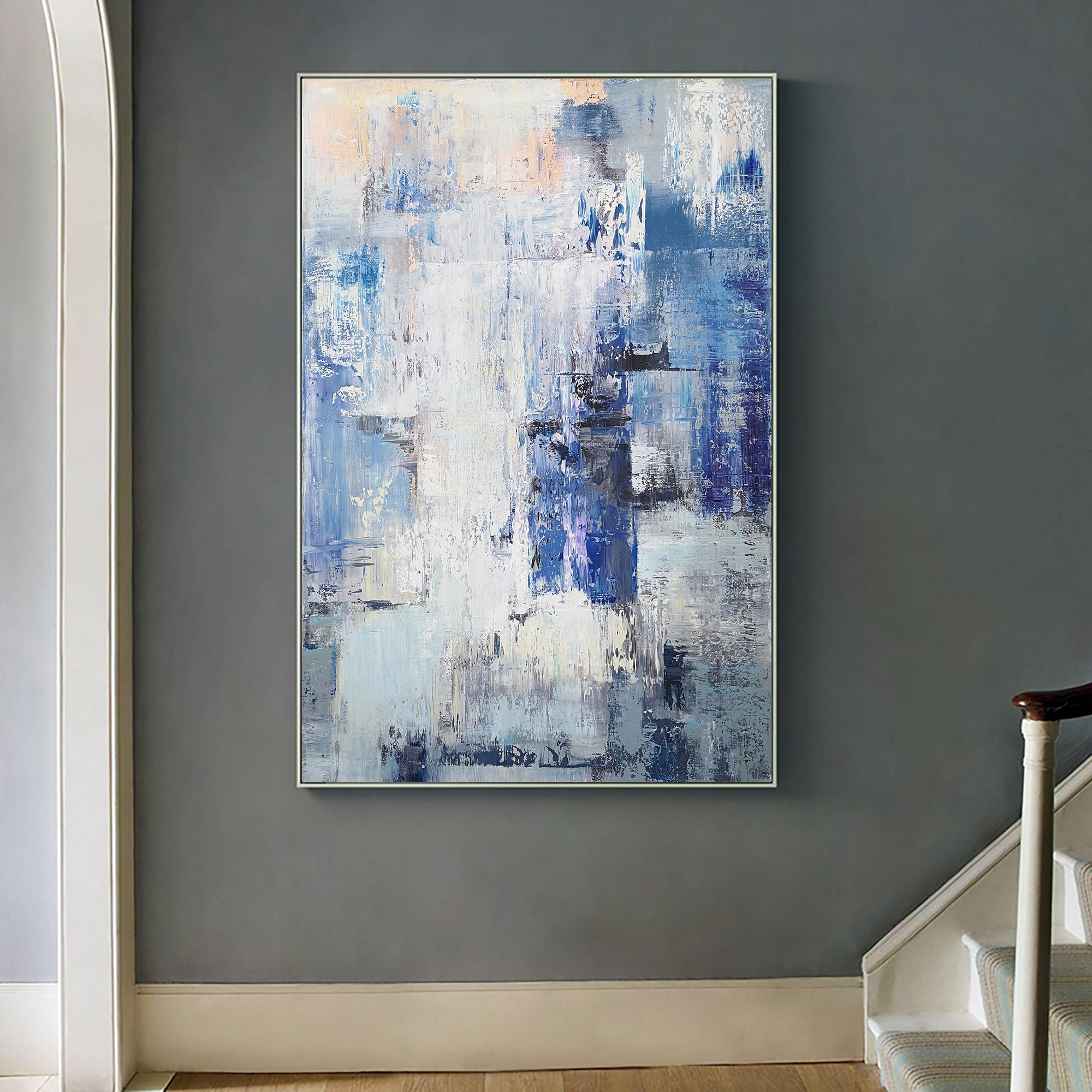 Blue‑White‑Grey Vertical Abstract Layered Impasto‑Textured Artwork
