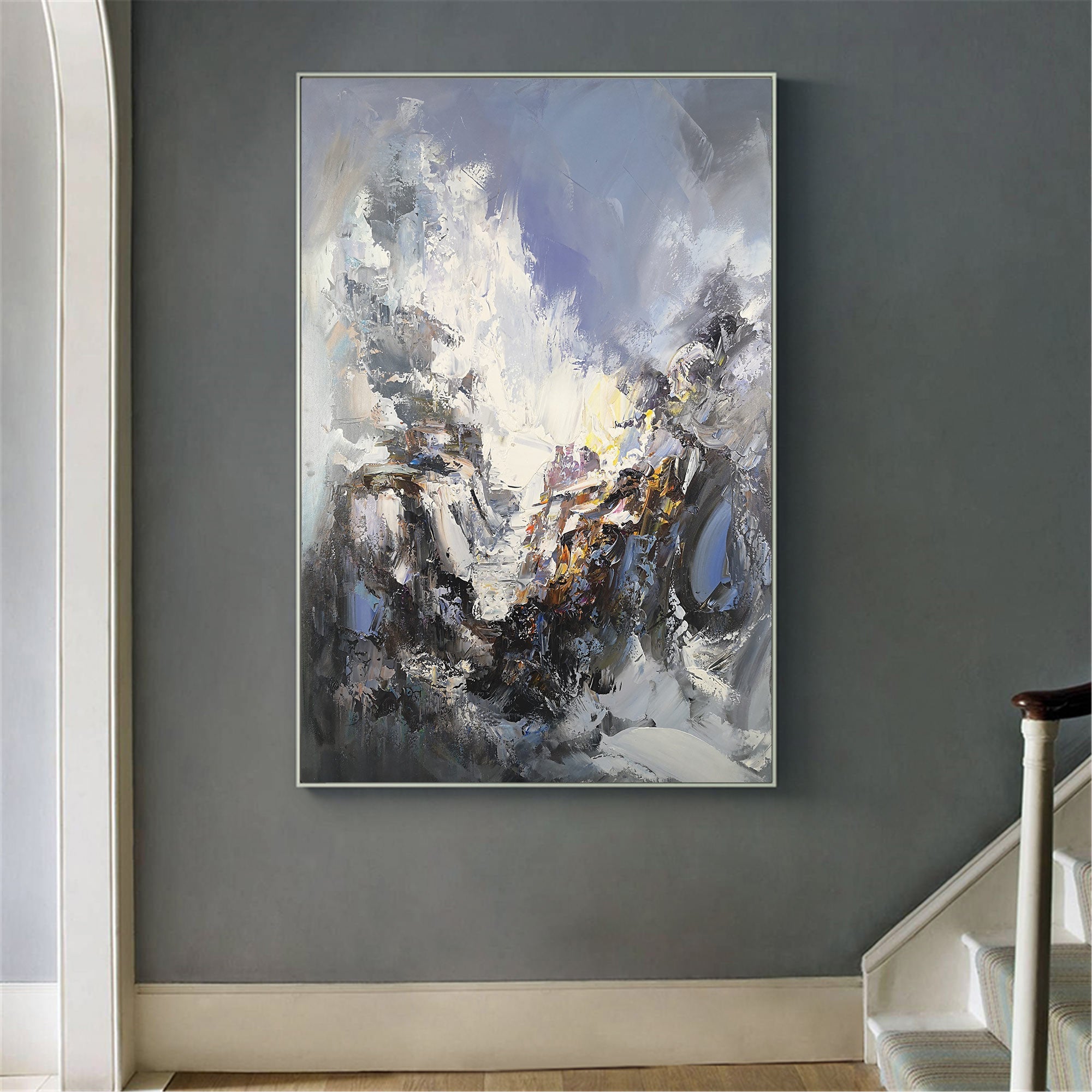 Blue‑White‑Gold Mountain‑Landscape Abstract Heavy Impasto‑Texture Artwork