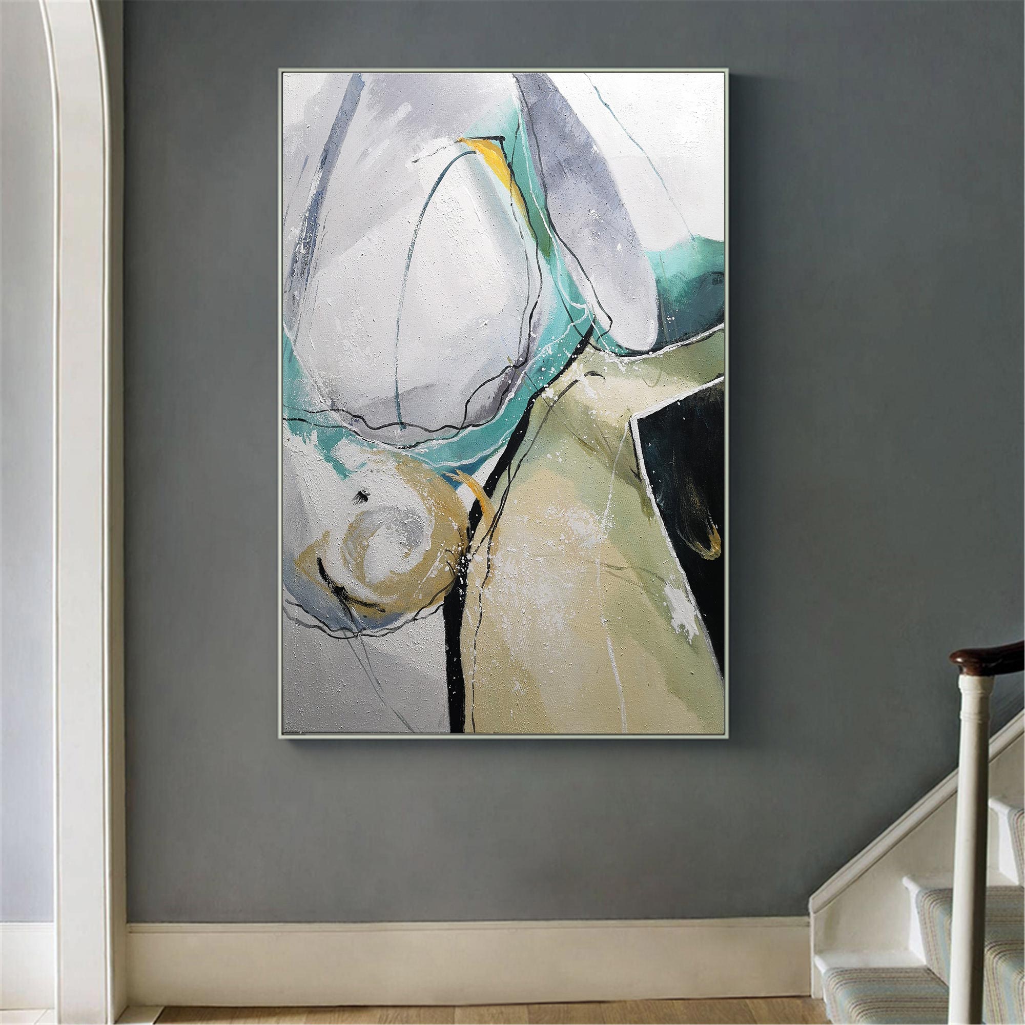 Green‑Grey‑Beige Geometric Abstract Sharp‑Shape Muted‑Tone Artwork