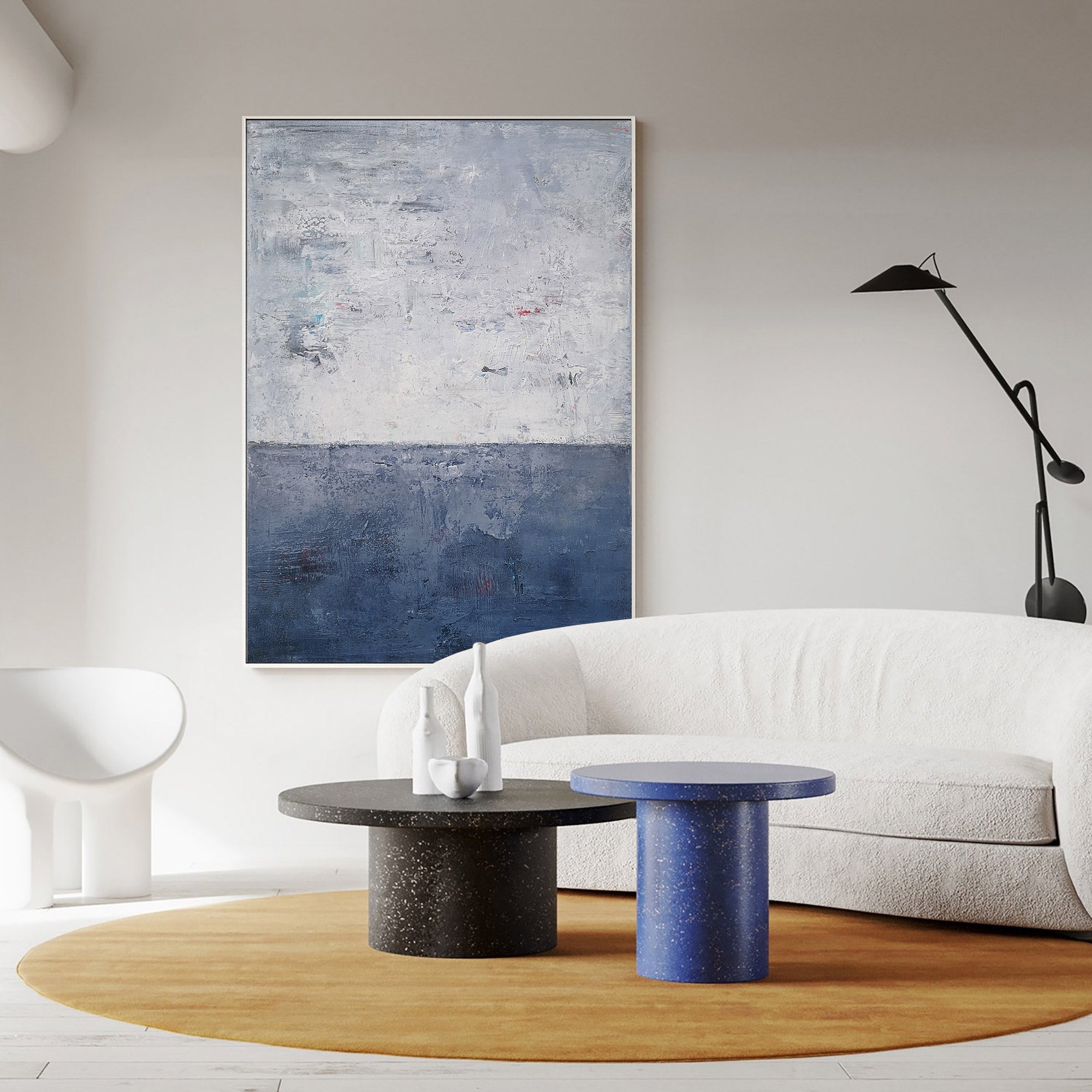 Navy‑Blue‑Grey Vertical Seascape Horizon Impasto‑Textured Artwork