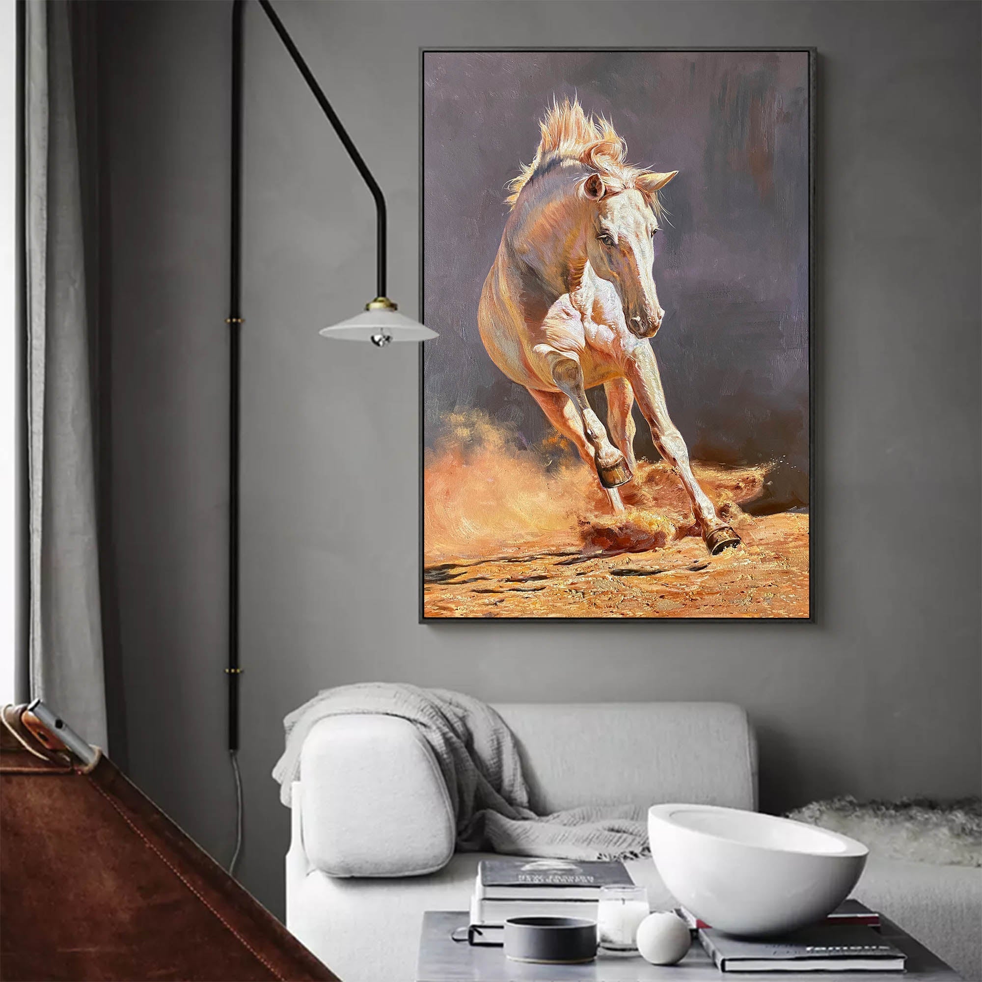 Orange‑Grey Vertical Galloping‑Horse Textured‑Brush Artwork