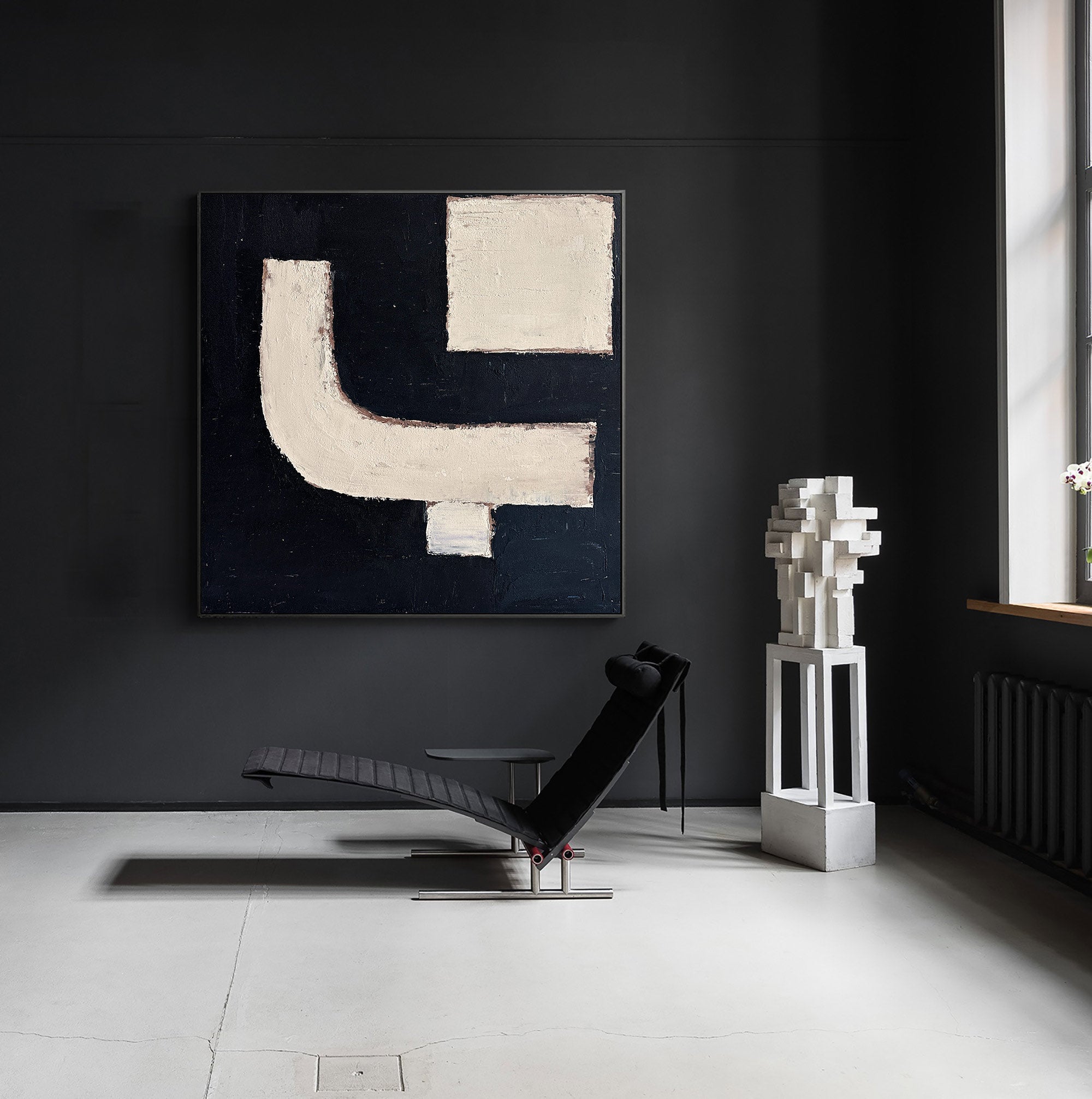 Black‑Cream Square Geometric‑Block Impasto‑Textured Artwork