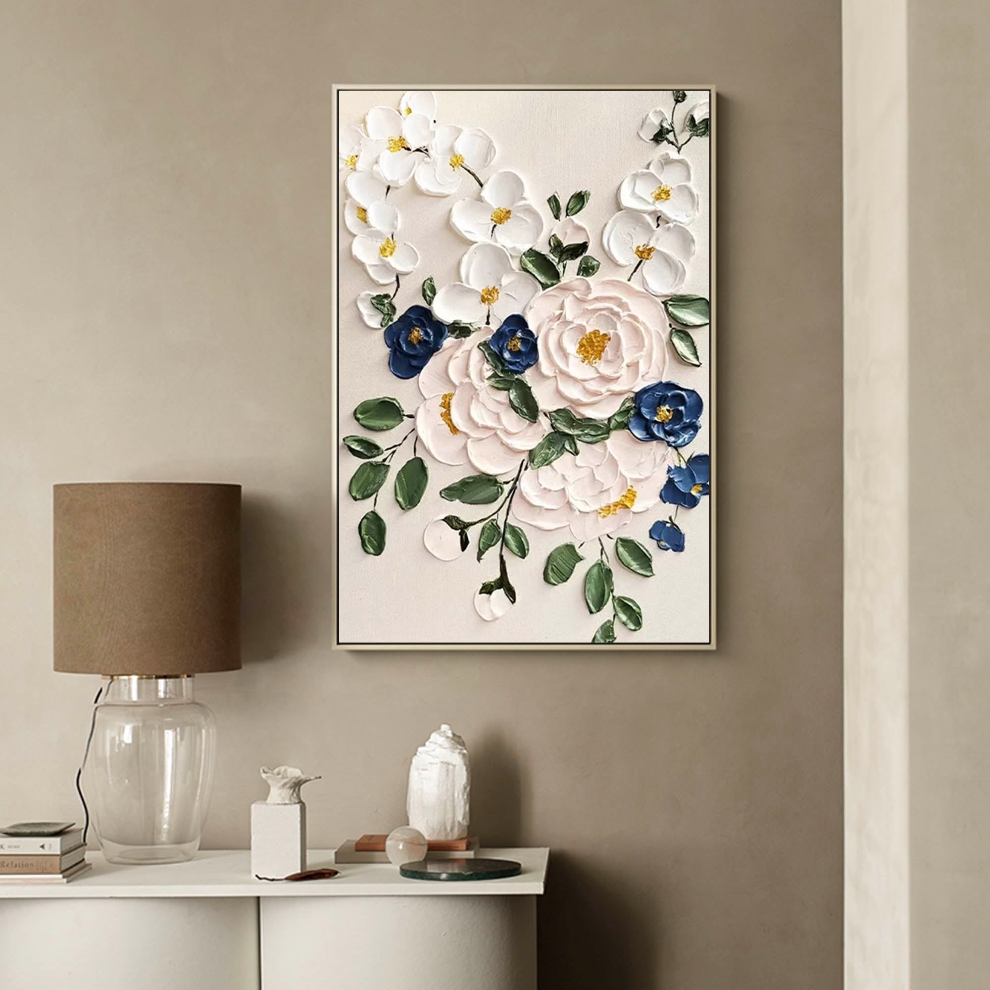 3D Impasto Floral Bouquet Painting White Blue