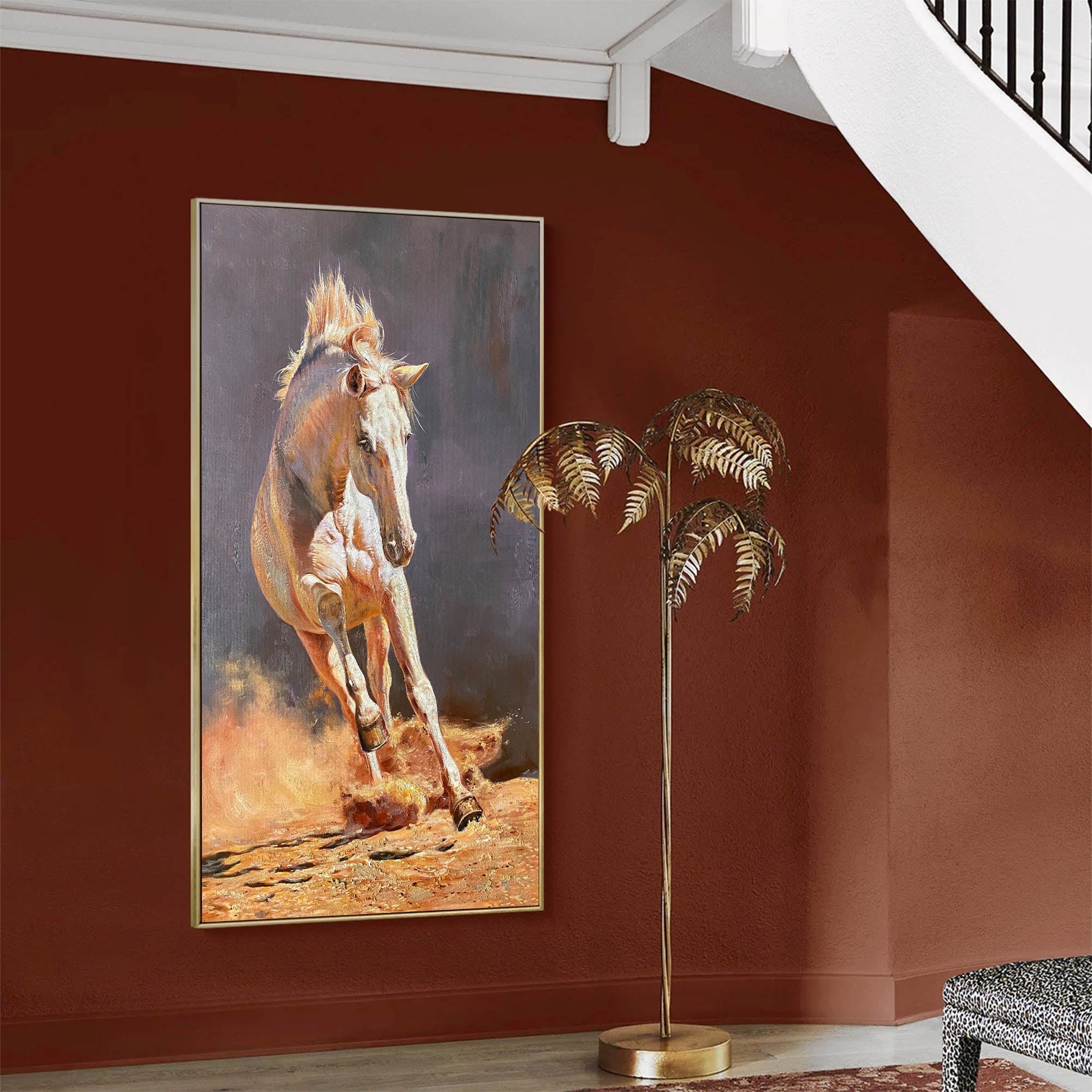 Orange‑Grey Vertical Galloping‑Horse Textured‑Brush Artwork