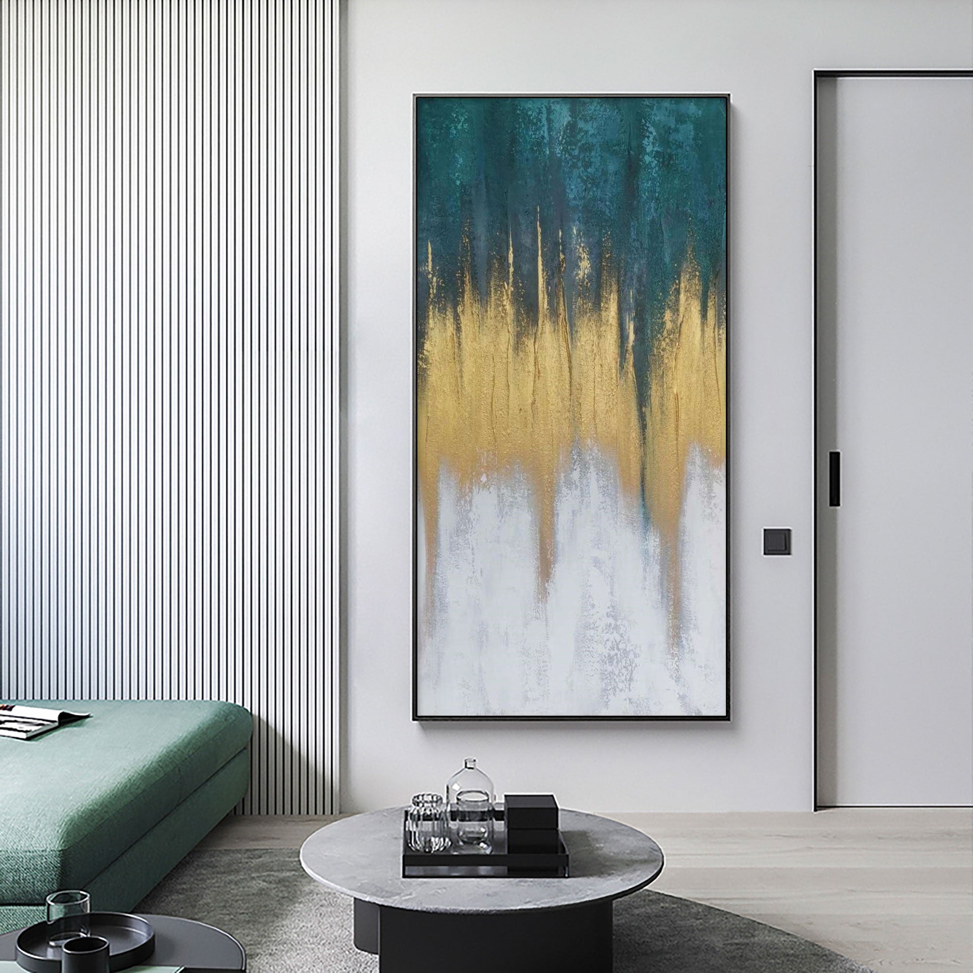 Vertical Abstract Teal Gold Ombre Cascading Light Oil Acrylic Linen Canvas Painting