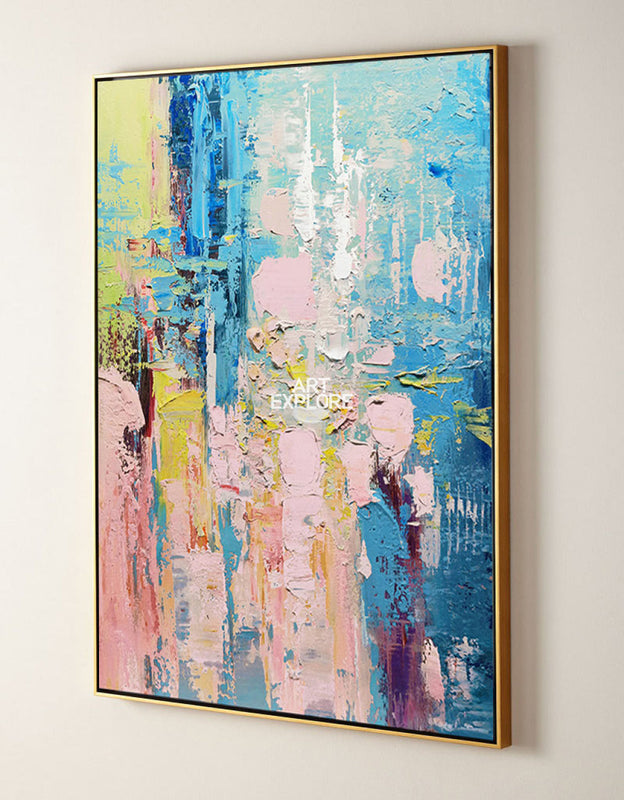 Wall Art Blue Pink Floral Abstract Textured Living Room | Neutralighting