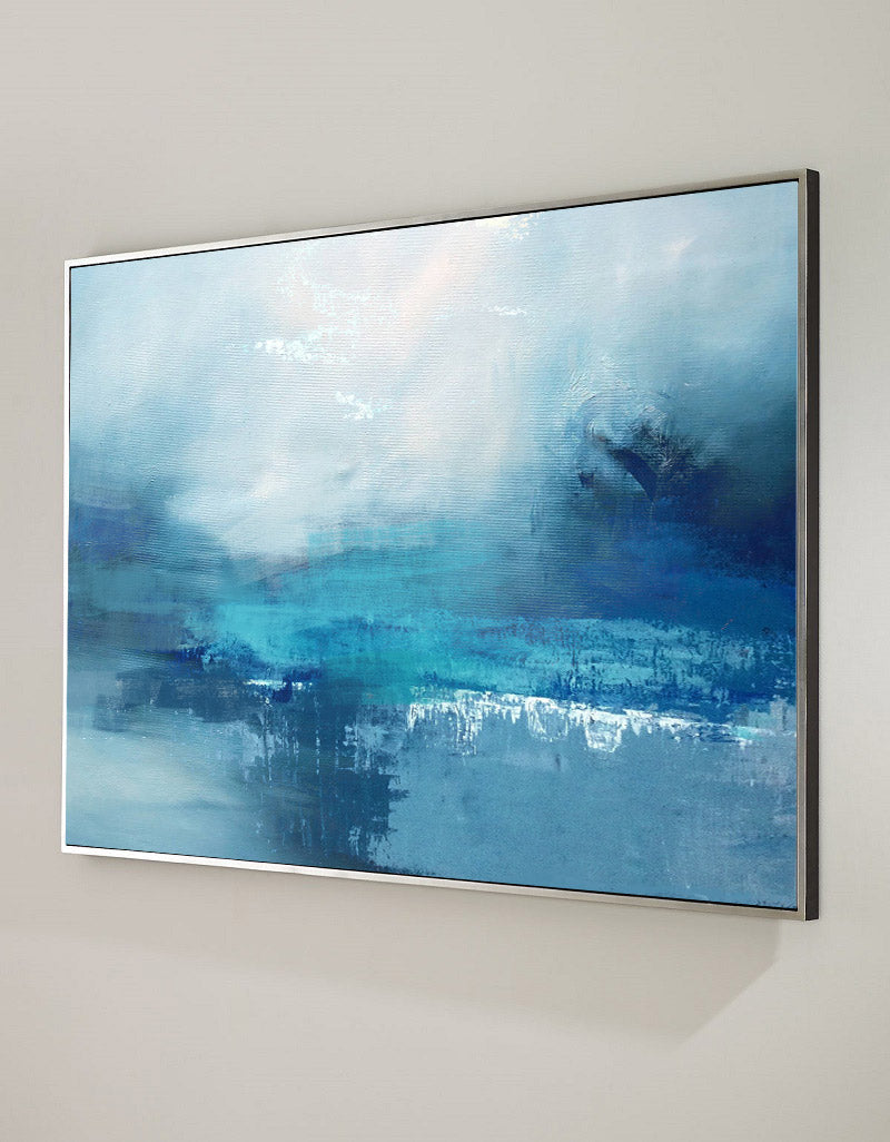 Teal‑Blue Horizontal Misty‑Ocean Abstract Seascape Textured Artwork
