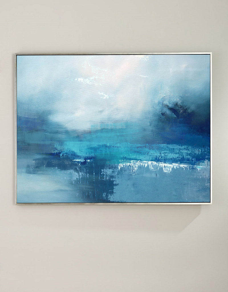 Teal‑Blue Horizontal Misty‑Ocean Abstract Seascape Textured Artwork