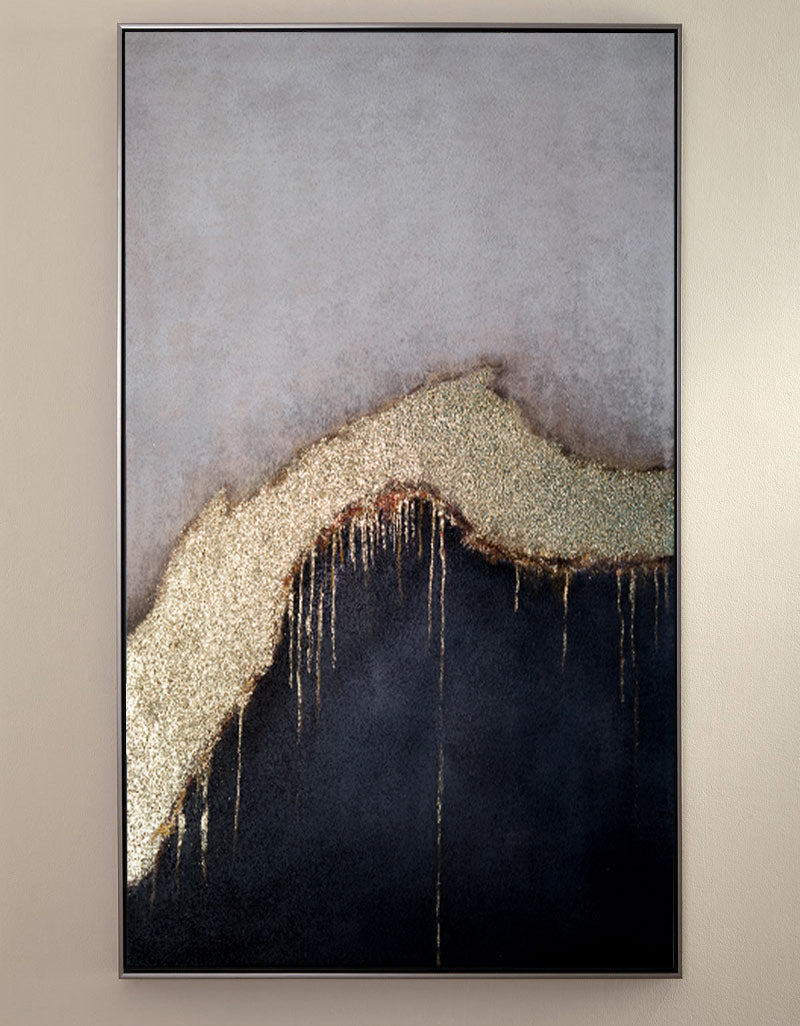 Grey‑Black Vertical Gold‑Drip Metallic Abstract Textured Artwork