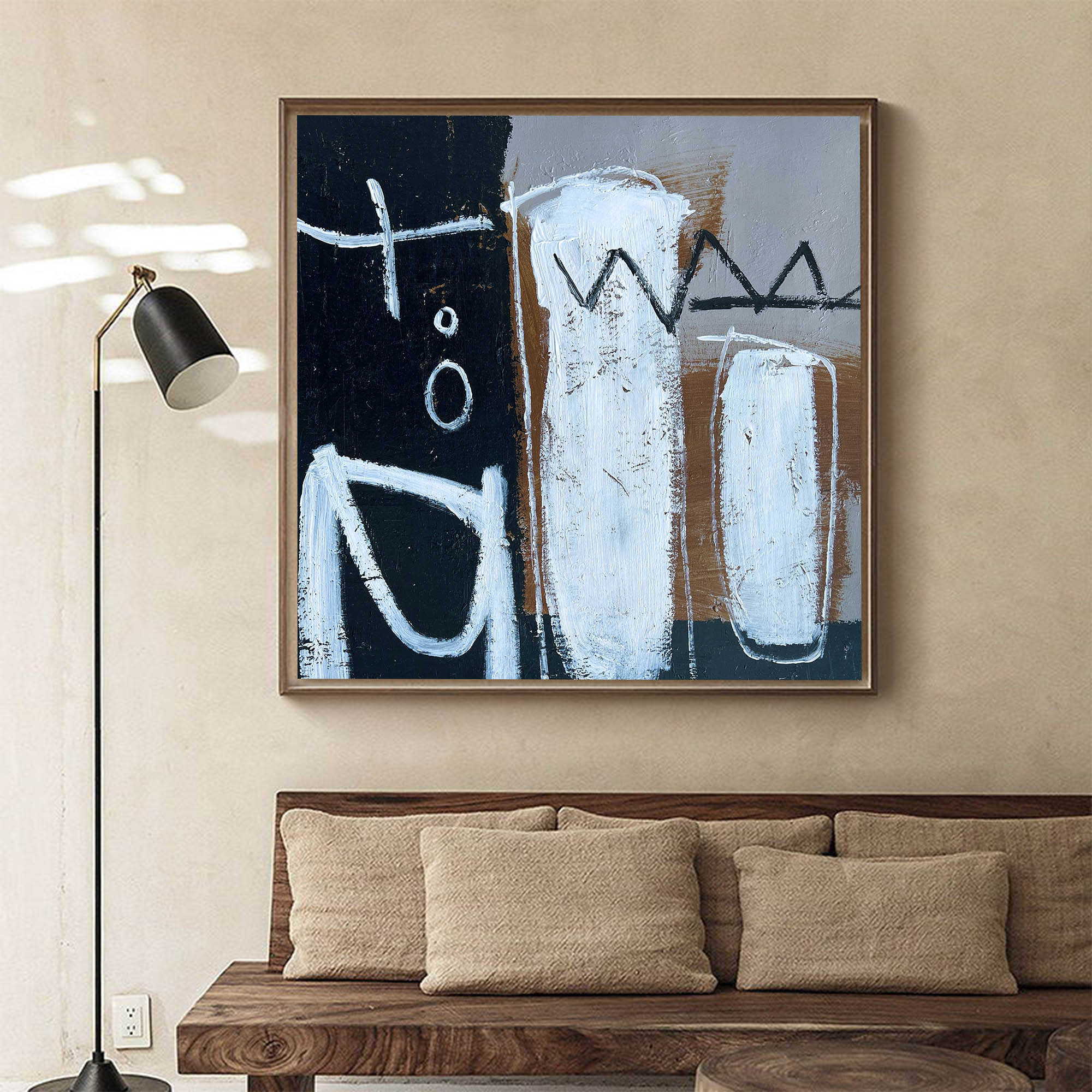 Black‑White‑Rust Square Primitive‑Mark Impasto‑Textured Artwork