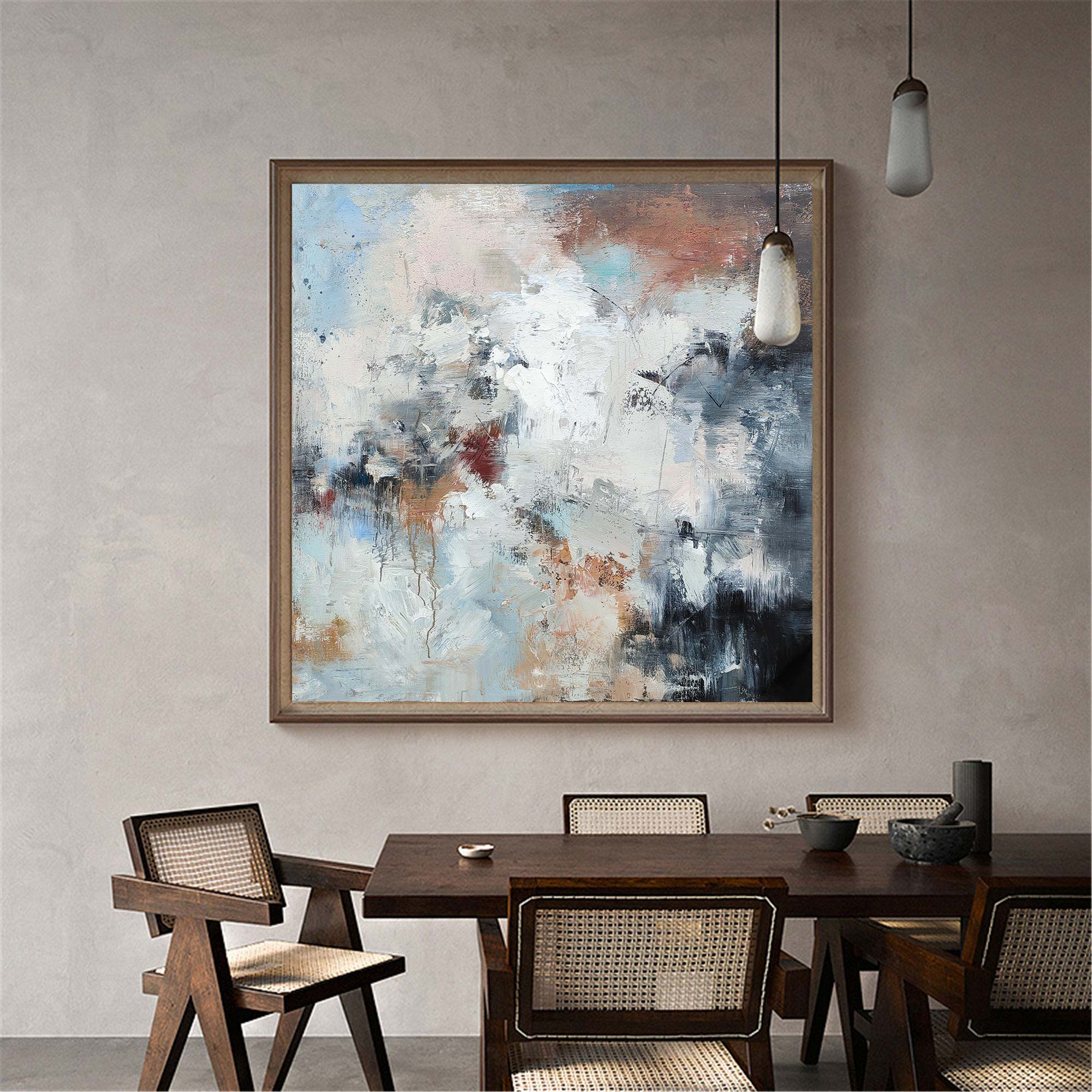 Blue‑White‑Terracotta Square Abstract  Earth‑Tone Layered‑Texture Artwork