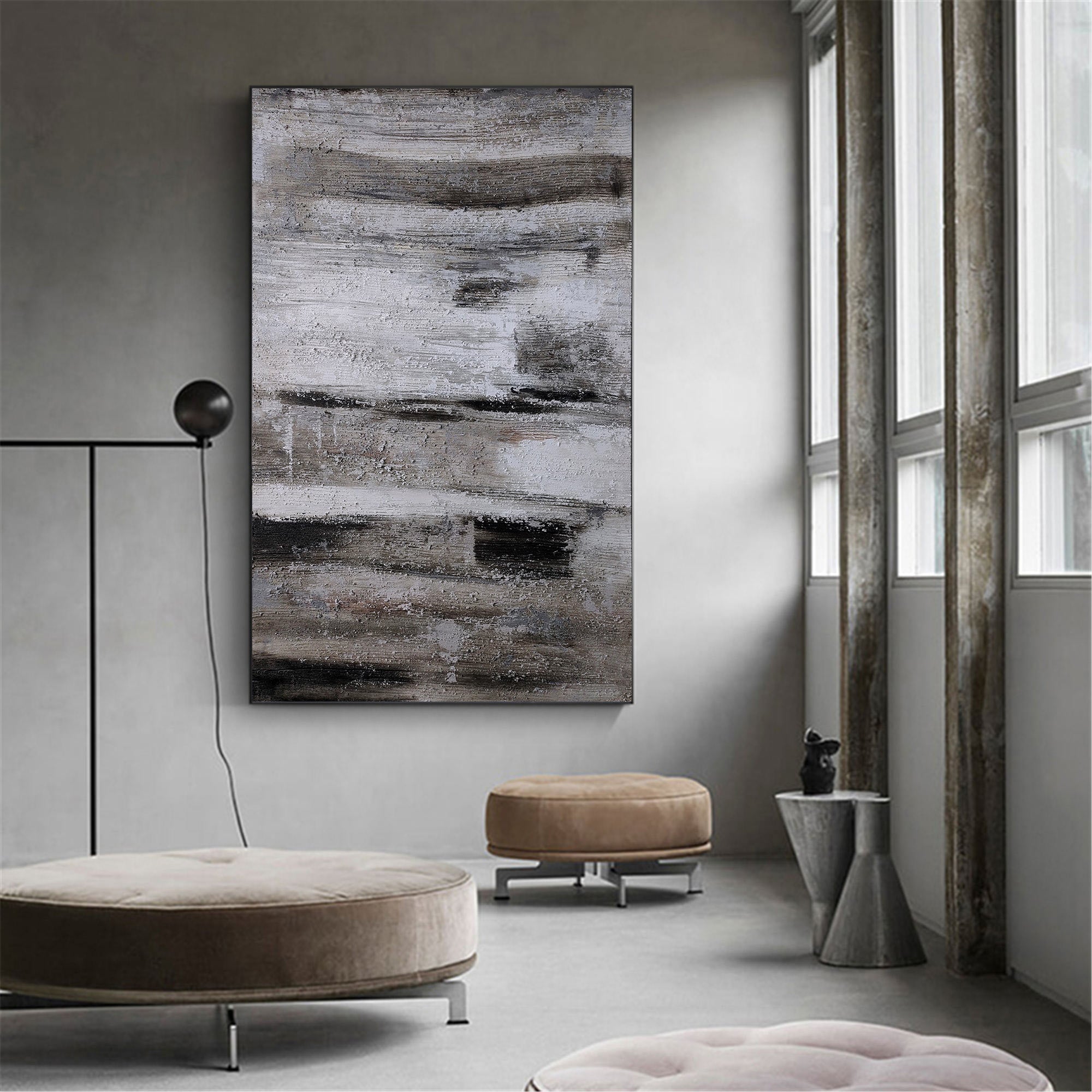 Black‑Grey‑White Vertical Abstract Rustic Layered‑Weathered Texture Artwork